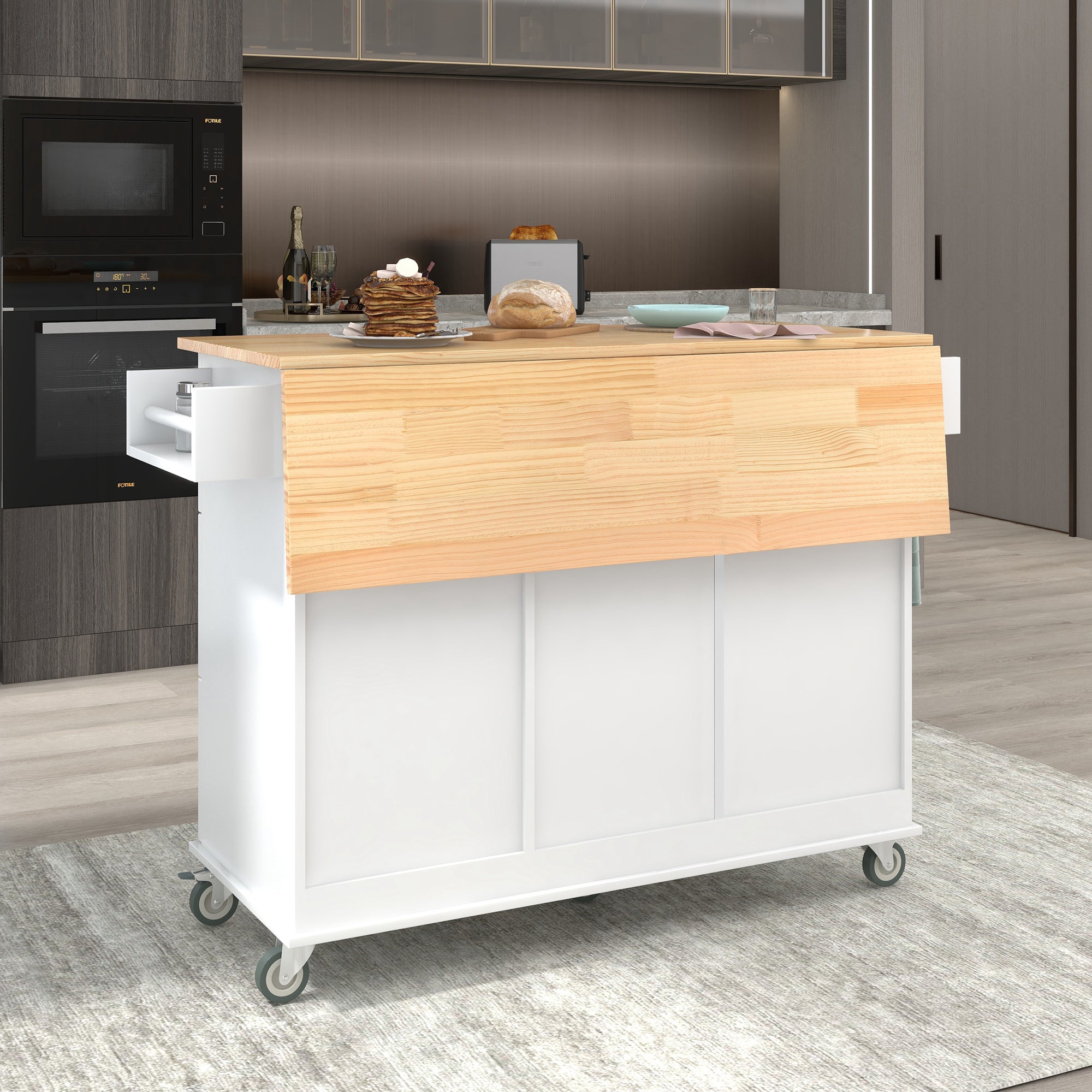 Rolling Mobile Kitchen Island with Solid Wood Top and Locking Wheels,52.7 Inch Width,Storage Cabinet and Drop Leaf Breakfast Bar,Spice Rack, Towel Rack & Drawer (White)