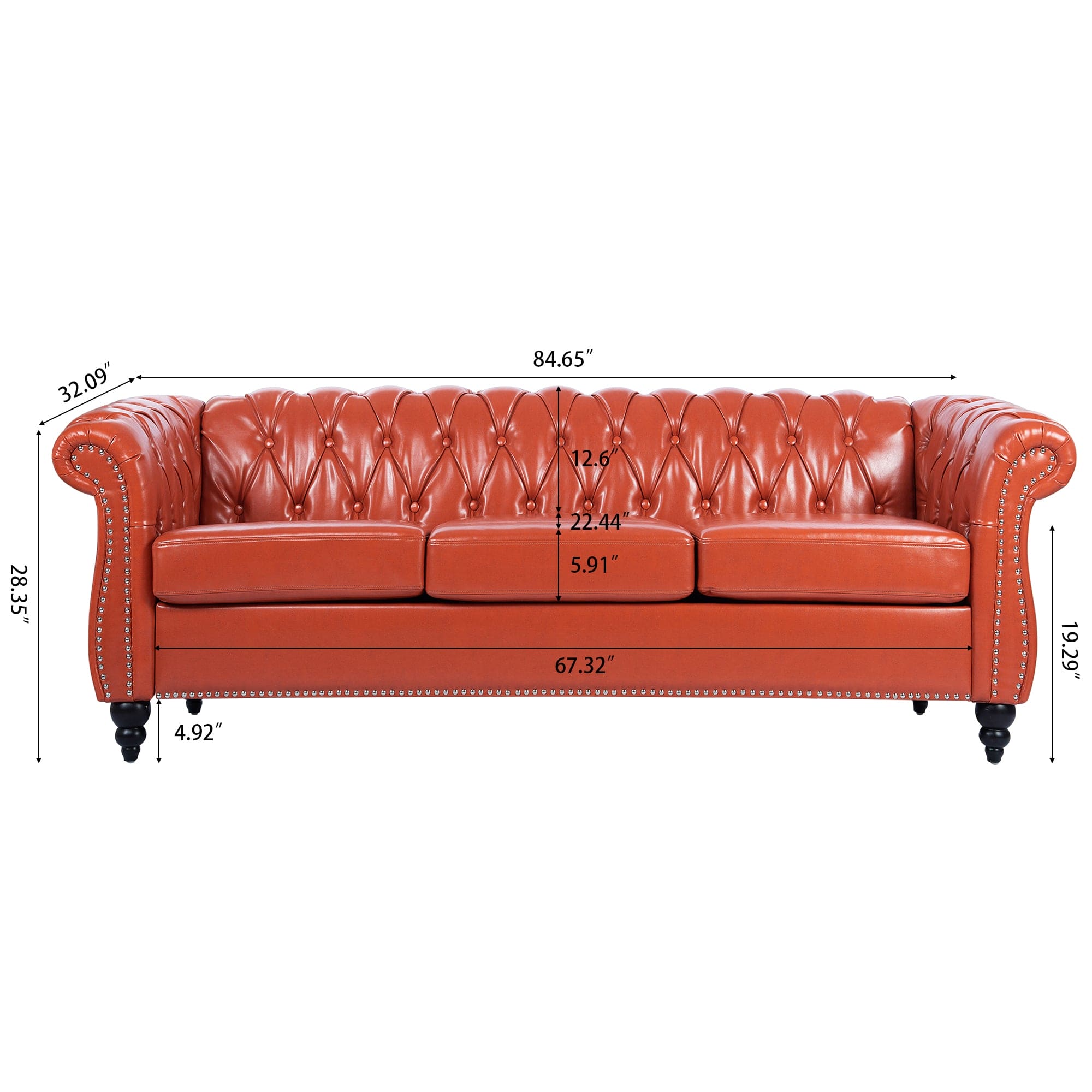 84.65" Rolled Arm Chesterfield 3 Seater Sofa