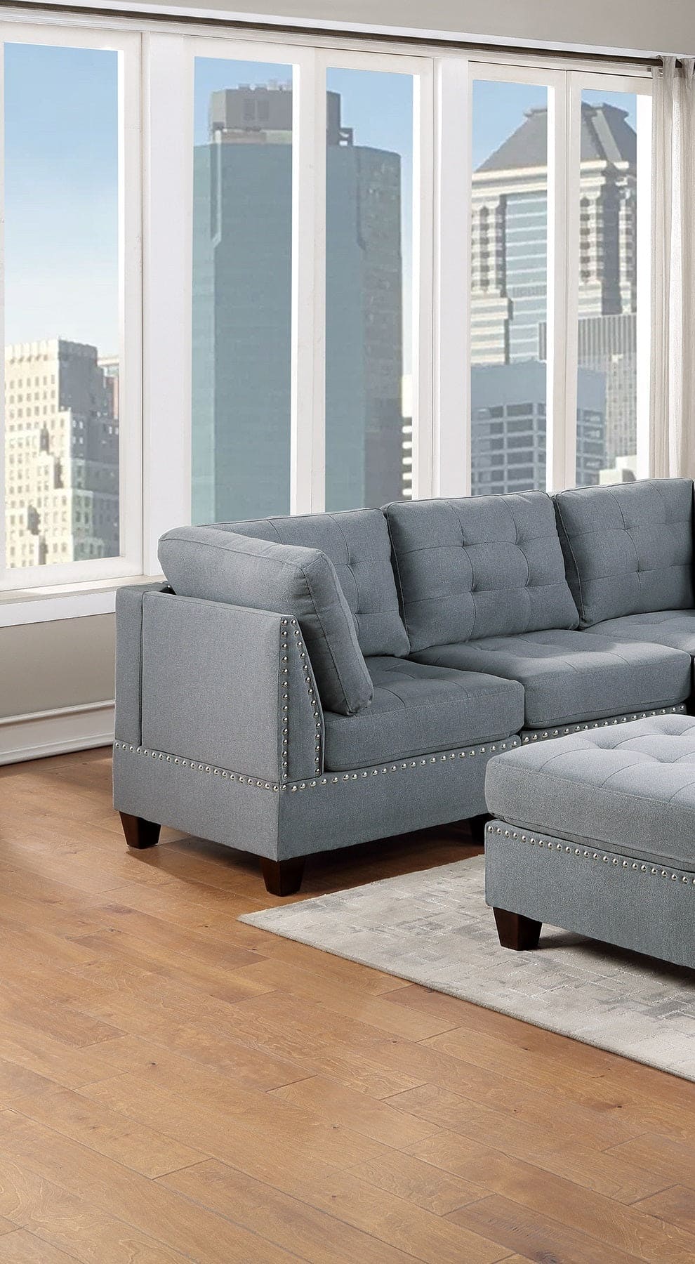 Modular Sectional 6pc Set Living Room Furniture Corner Sectional Tufted Nail heads Couch Gray Linen Like Fabric 3x Corner Wedge 2x Armless Chairs and 1x Ottoman