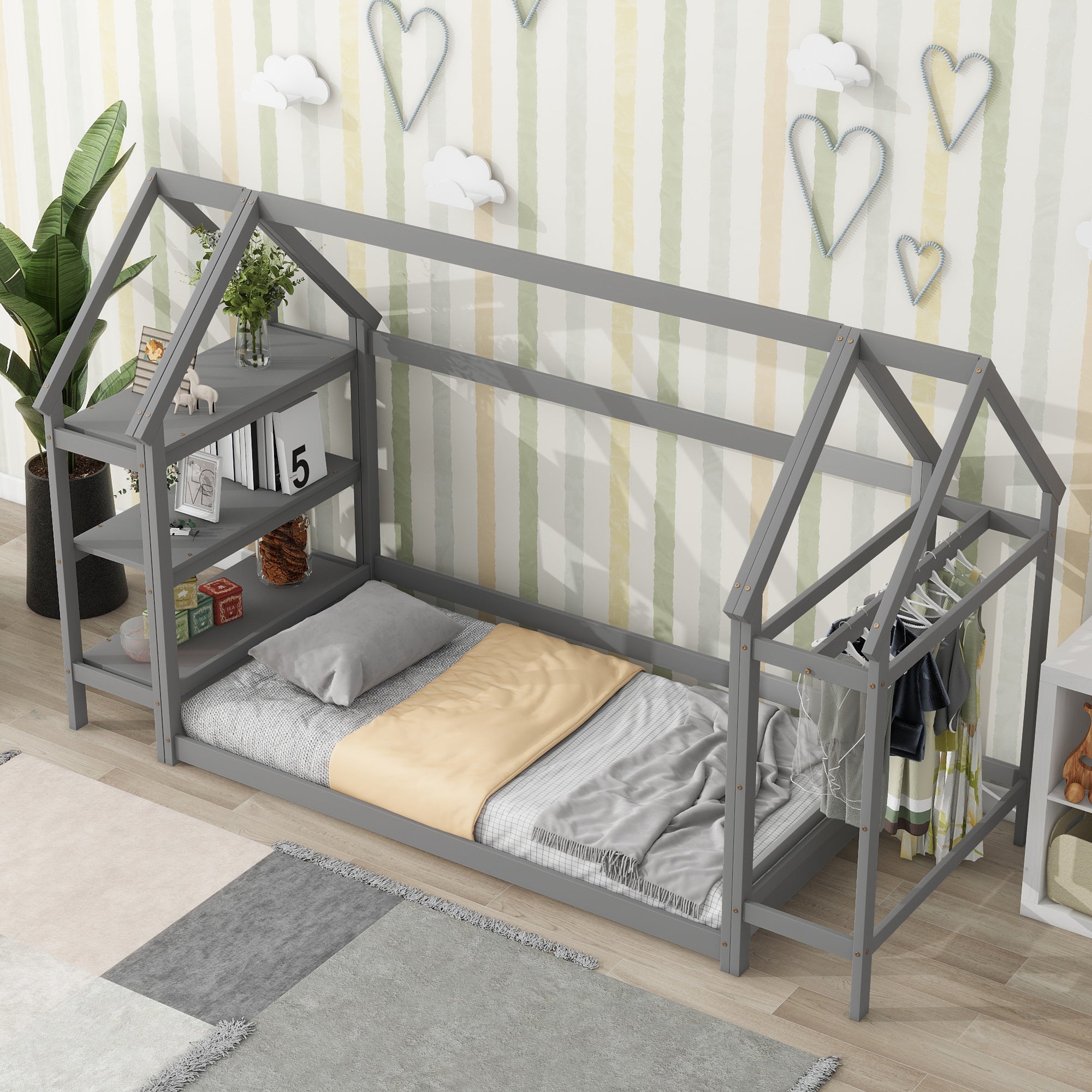 Twin House-Shaped Floor Bed with 2 Detachable Stands,Grey