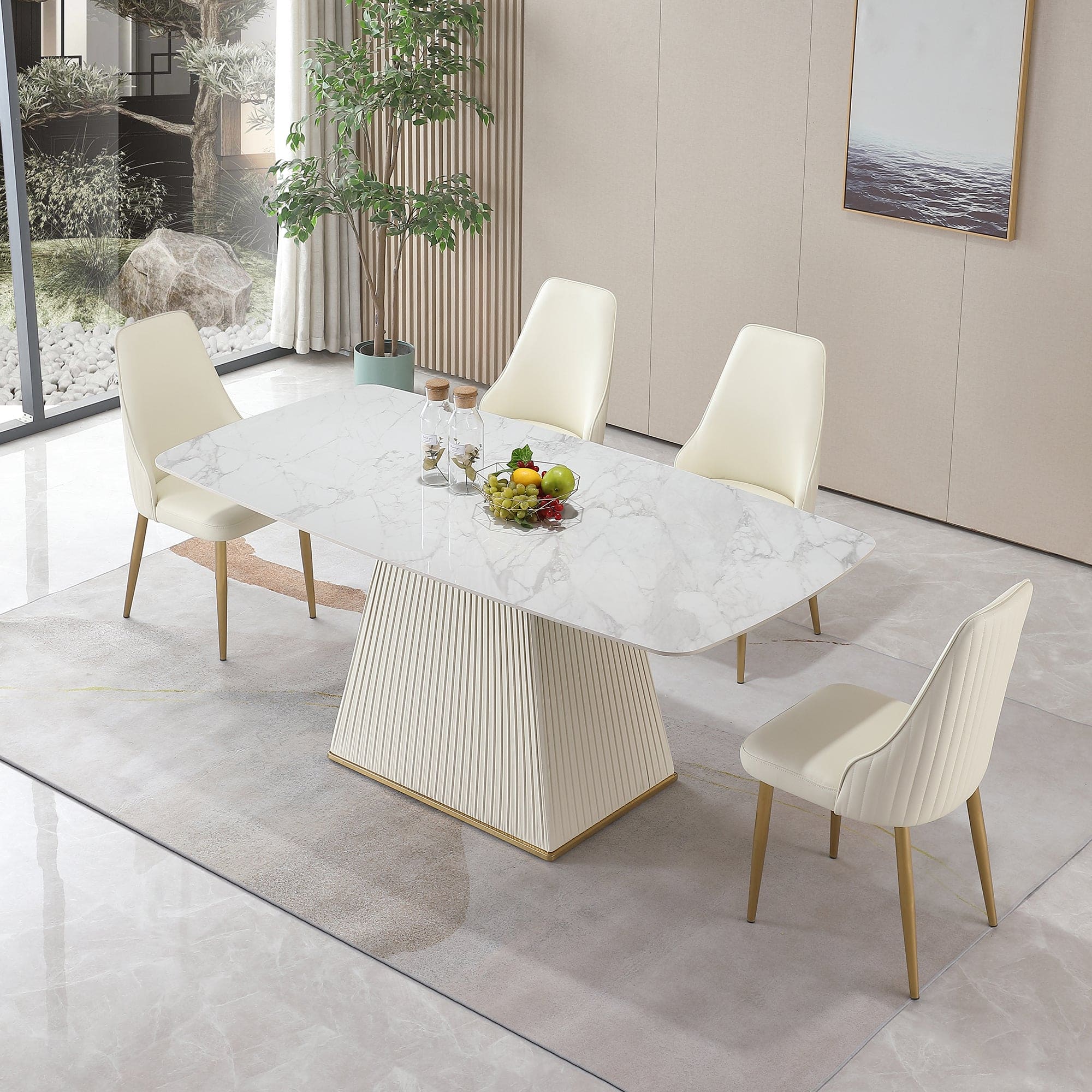 71-Inch Stone DiningTable with Carrara White color and Striped Pedestal Base