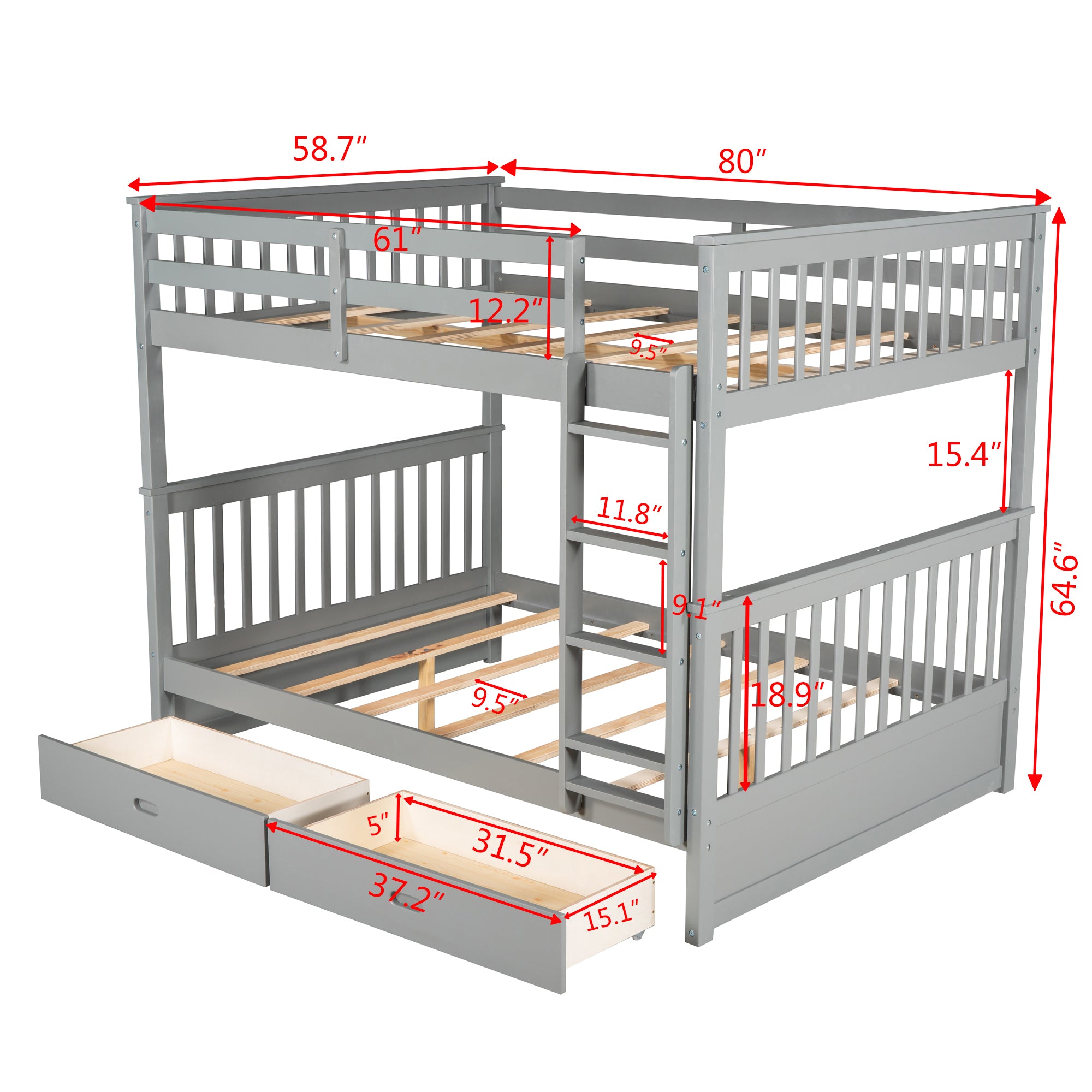 Full-Over-Full Bunk Bed with Ladders and Two Storage Drawers (Gray)(OLD SKU:LT000365AAE)