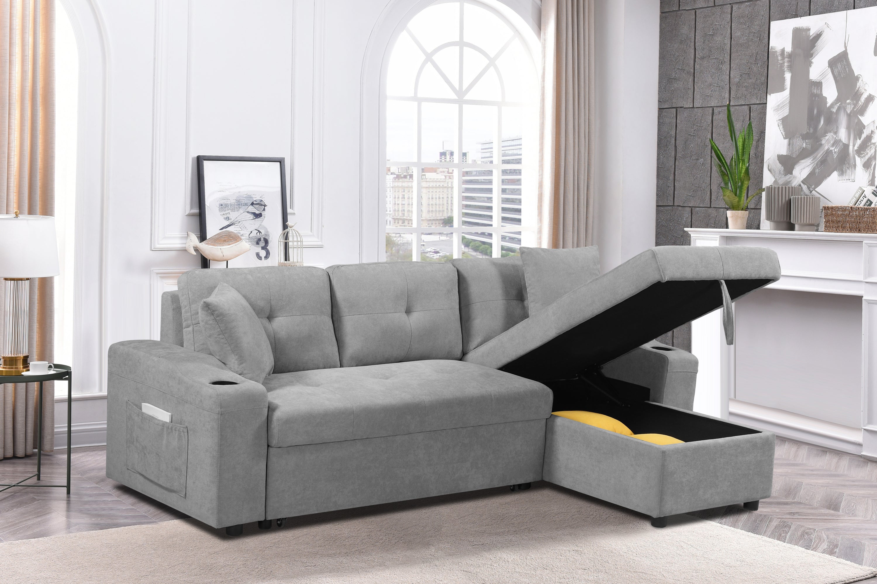 MEGA convertible corner sofa with armrest storage, living room and apartment sectional sofa, right chaise longue and grey