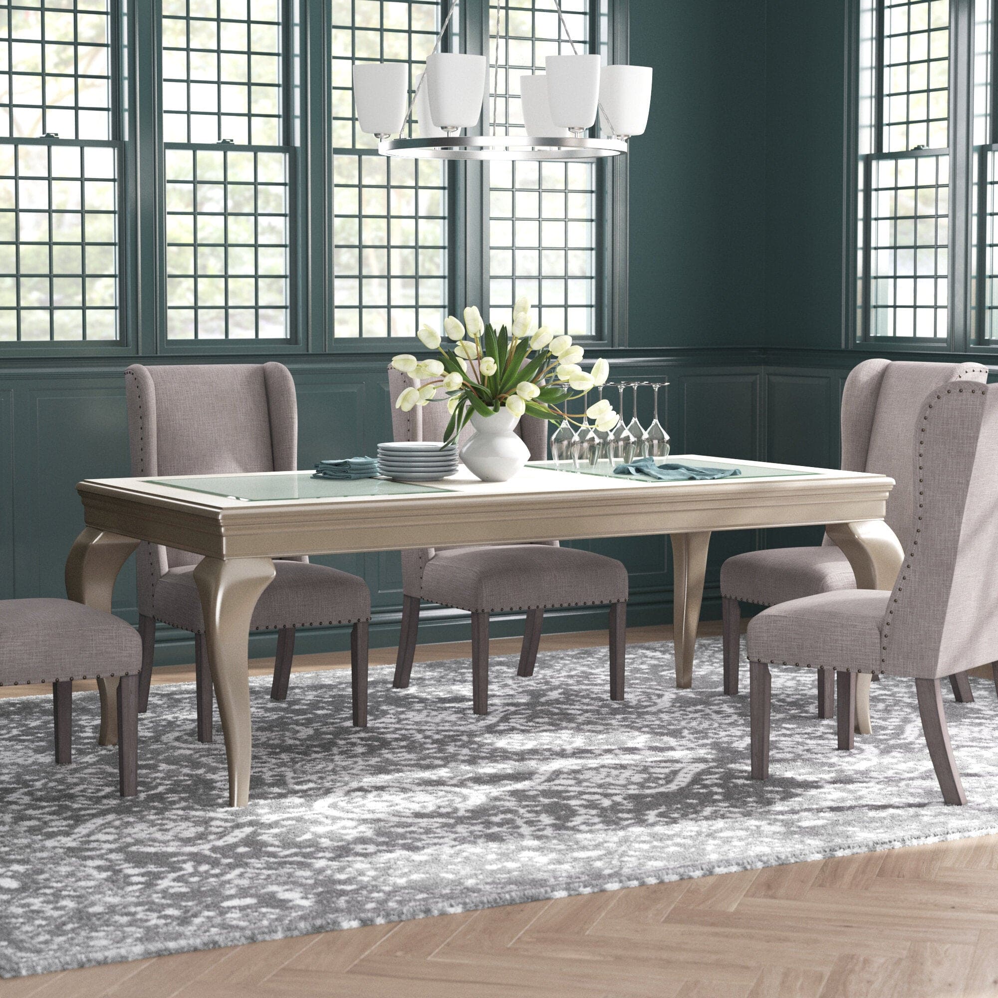 Modern Glamourous 1pc Dining Table with Separate Extension Leaf Cabriole Legs Insert Glass Panels Traditional Furniture