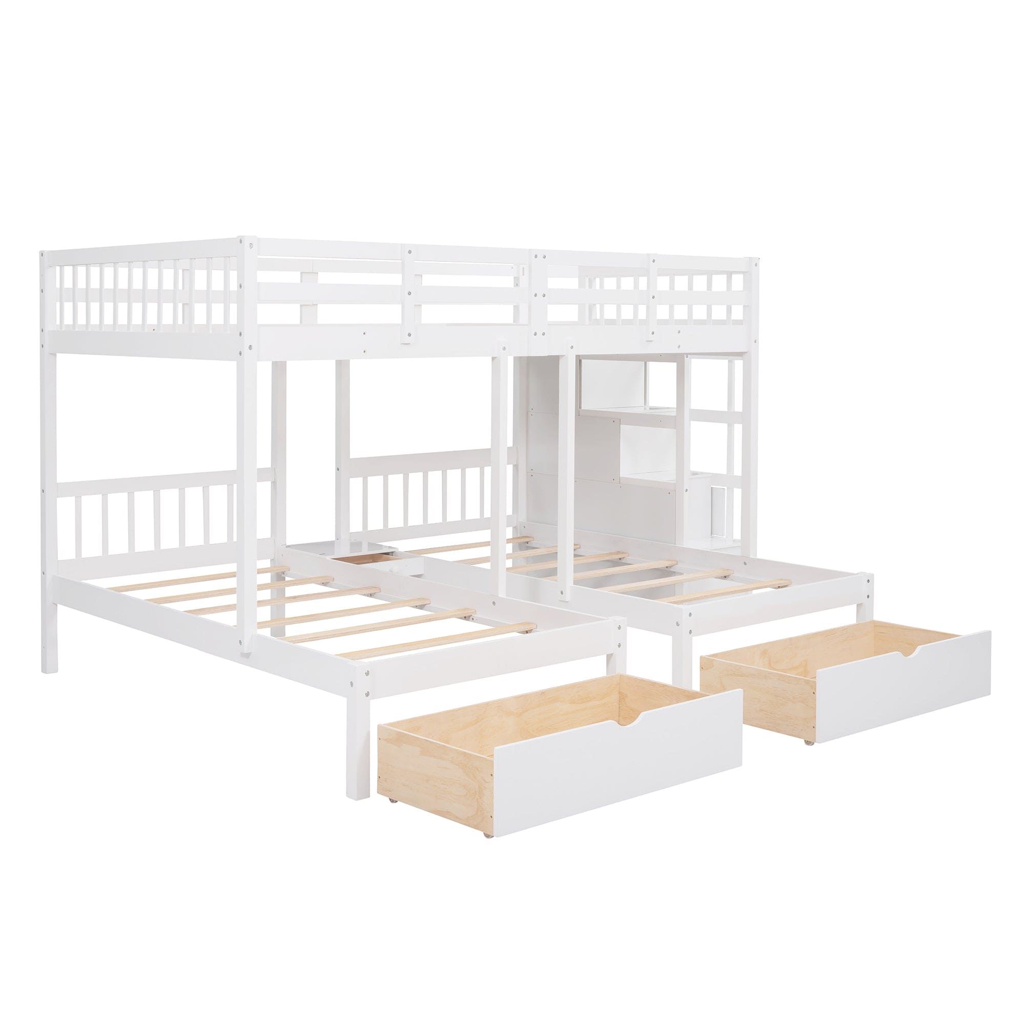 Full Over Twin & Twin Bunk Bed, Wood Triple Bunk Bed with Drawers and Guardrails (White)