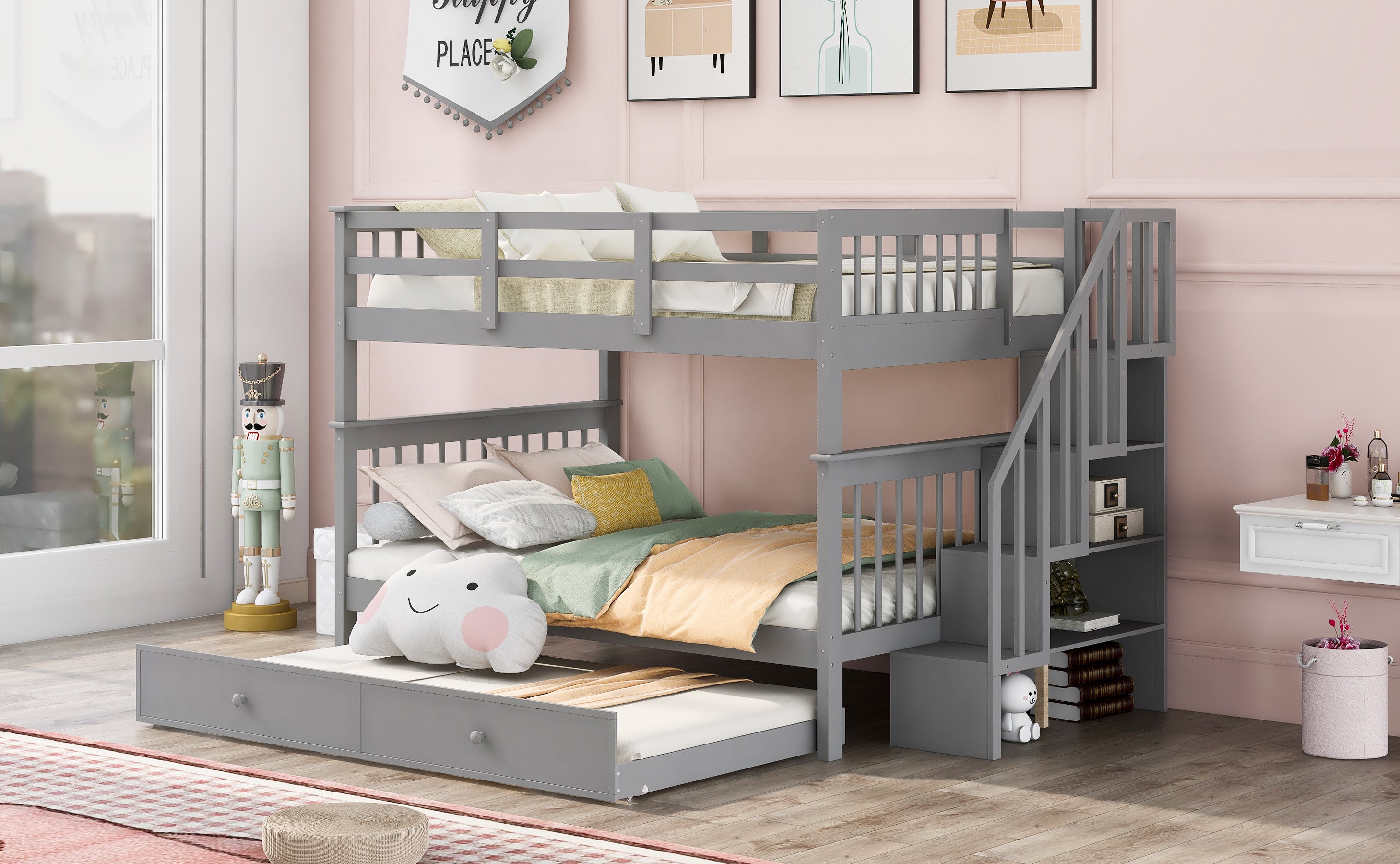 Stairway Full-Over-Full Bunk Bed with Twin size Trundle, Storage and Guard Rail for Bedroom, Dorm - Gray(OLD SKU :LP001210AAE)