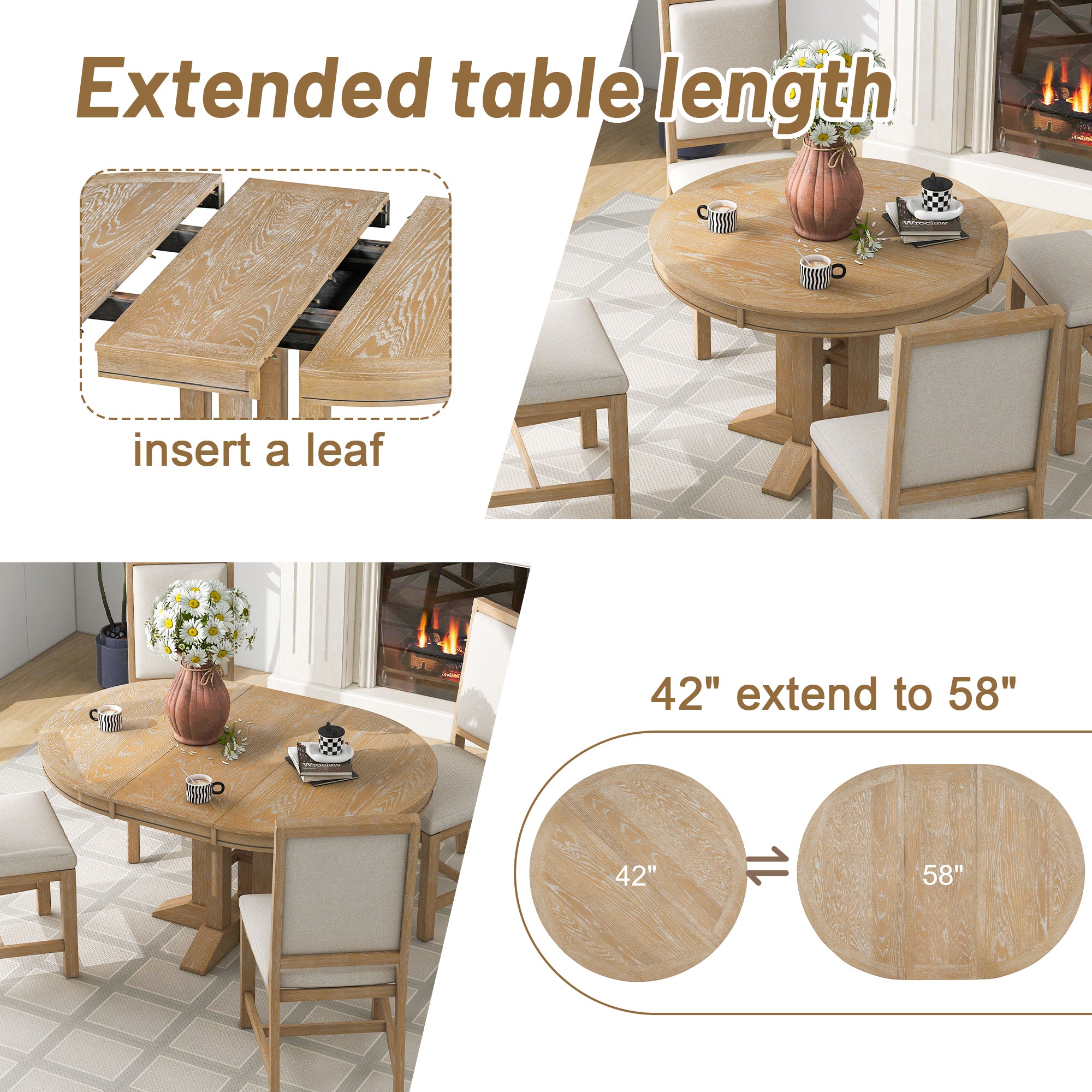 TREXM Farmhouse Dining Table Extendable Round Table for Kitchen, Dining Room(Natural Wood Wash)