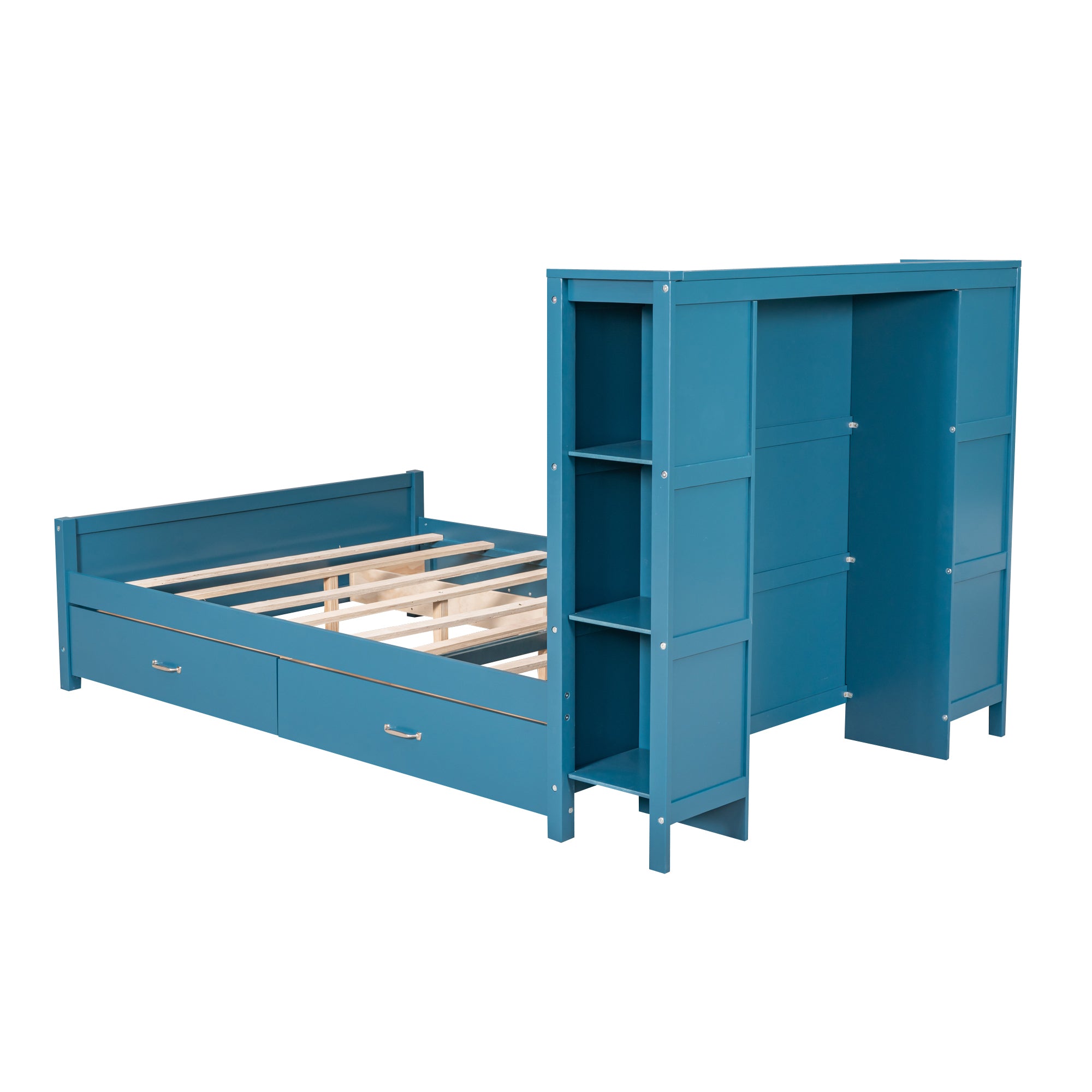 Full Size Platform Bed with Drawers and Storage Shelves, Blue