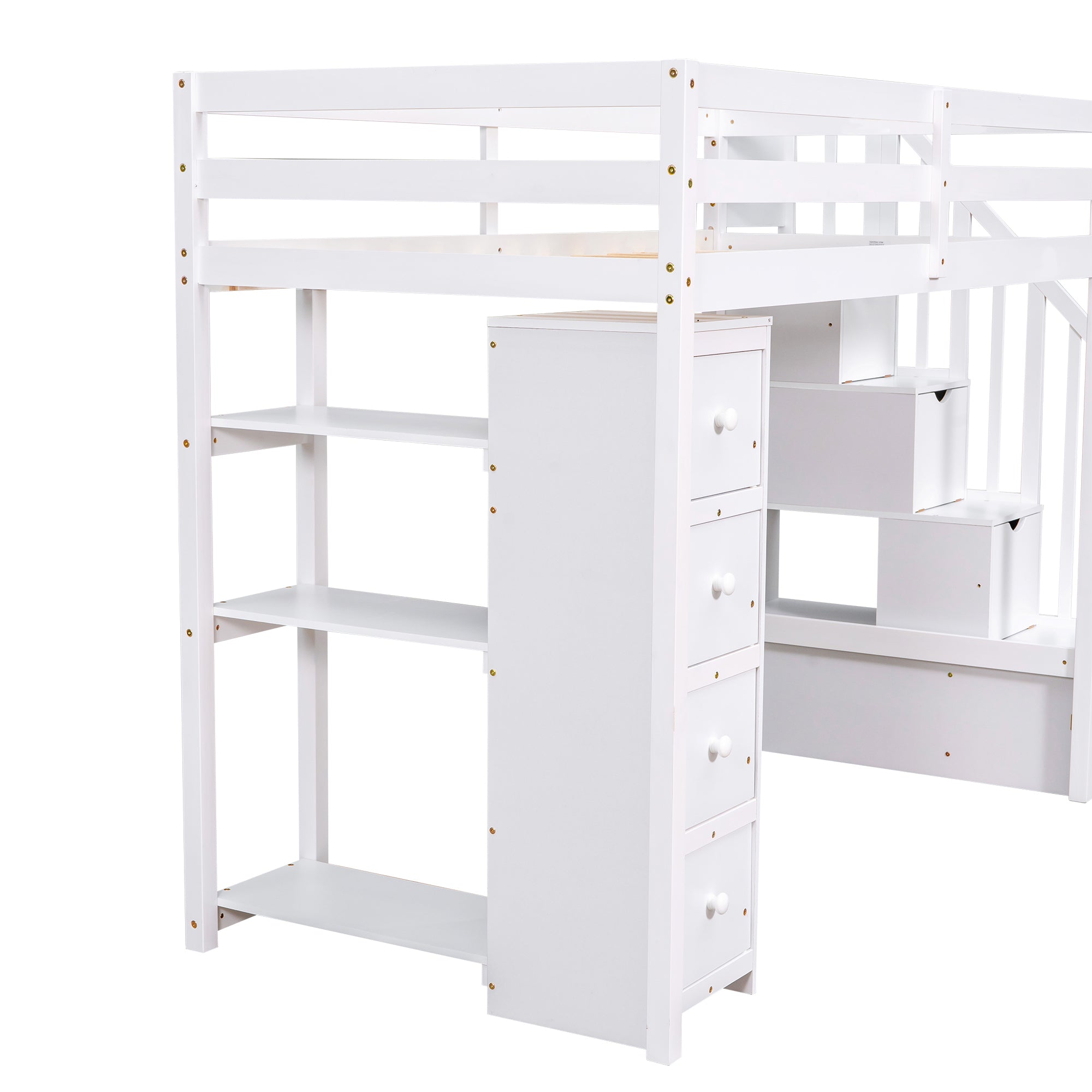 Twin size Loft Bed with Storage Drawers and Stairs, Wooden Loft Bed with Shelves - White