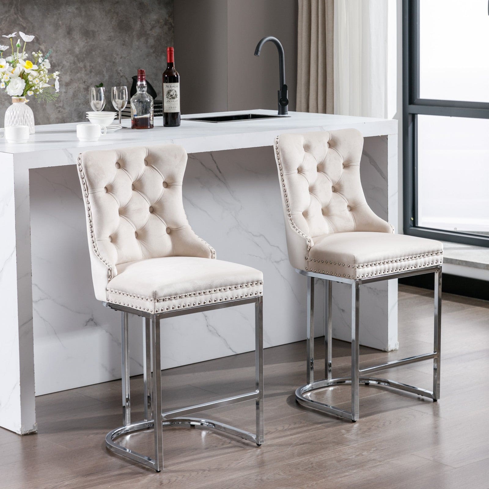 26" Counter Height Bar Stools Set of 2, Modern Velvet Barstools with Button Back&Rivet Trim Upholstered Kitchen Island Chairs with Sturdy Chromed Metal Base Legs Farmhouse Bar Stools, (Beige,2 Pack)