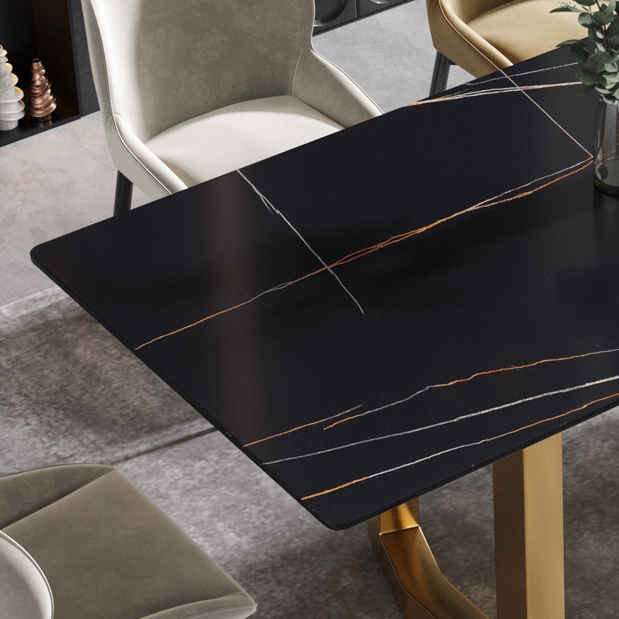 63"Modern artificial stone black straight edge golden metal leg dining table -6 people