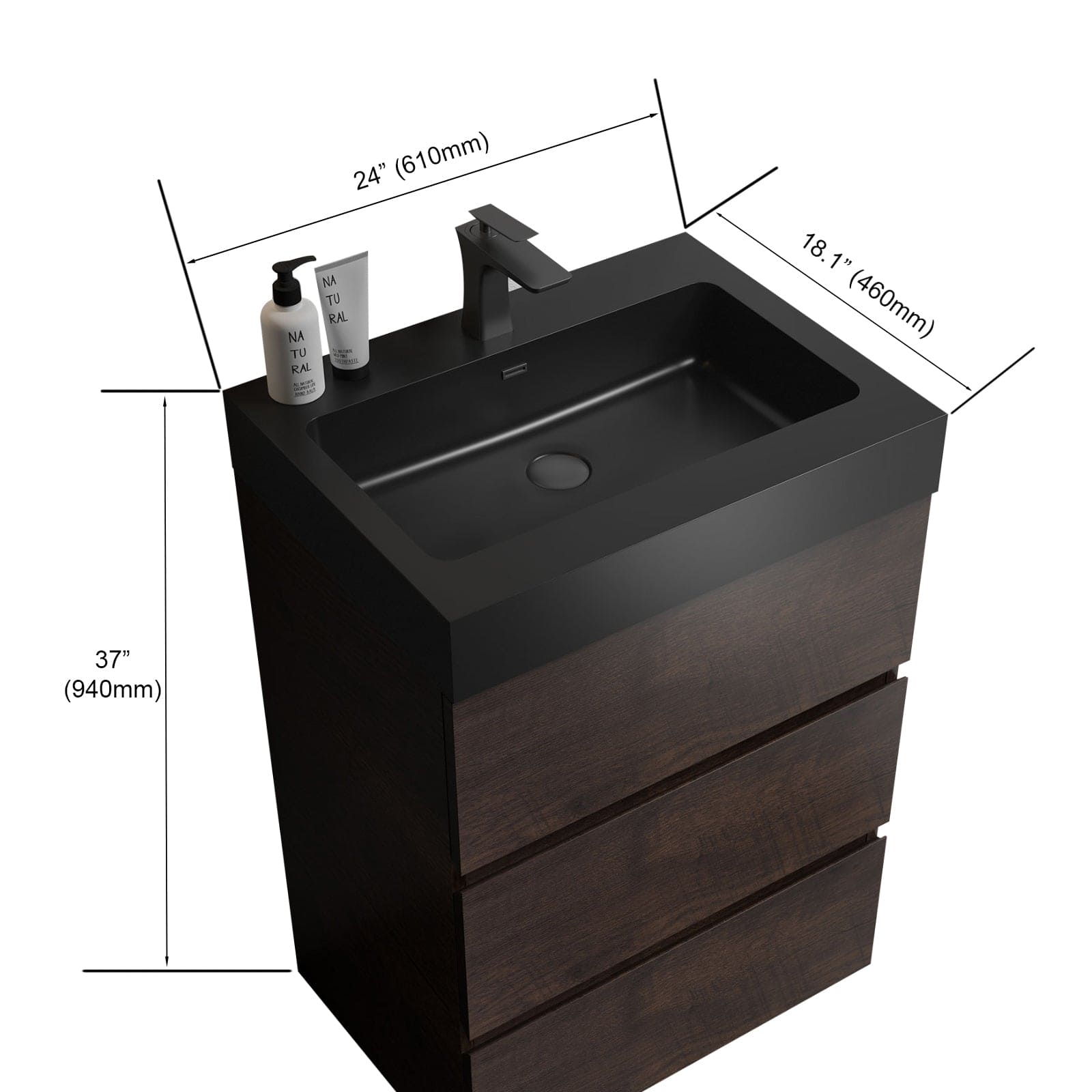 Alice 24" Walnut Bathroom Vanity with Sink, Large Storage Freestanding Bathroom Vanity for Modern Bathroom, One-Piece Black Sink Basin without Drain and Faucet