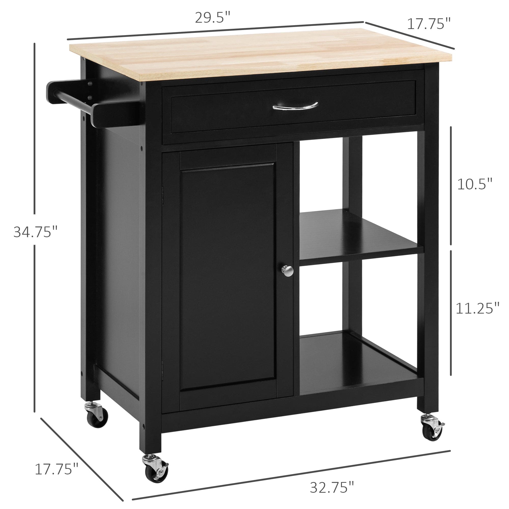 HOMCOM Kitchen Island Cart, Rolling Kitchen Island with Storage, Solid Wood Top, Drawer, for Dining Room, Black