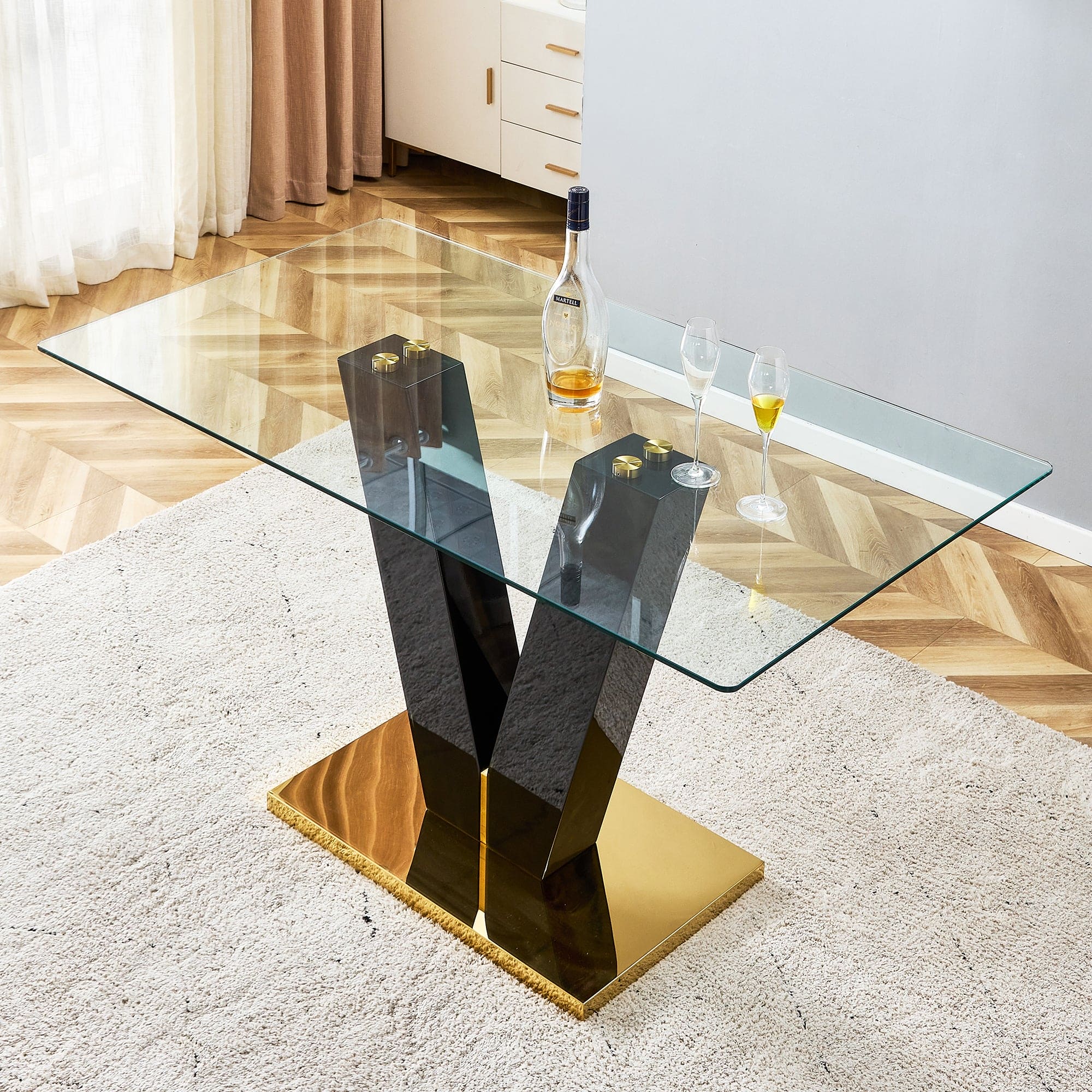 Large Modern Minimalist Rectangular Glass Dining Table for 6-8 with 0.39" Tempered Glass Tabletop and MDF slab V-Shaped Bracket,For Kitchen Dining Living Meeting Room Banquet Hall F-V-16090-TRB