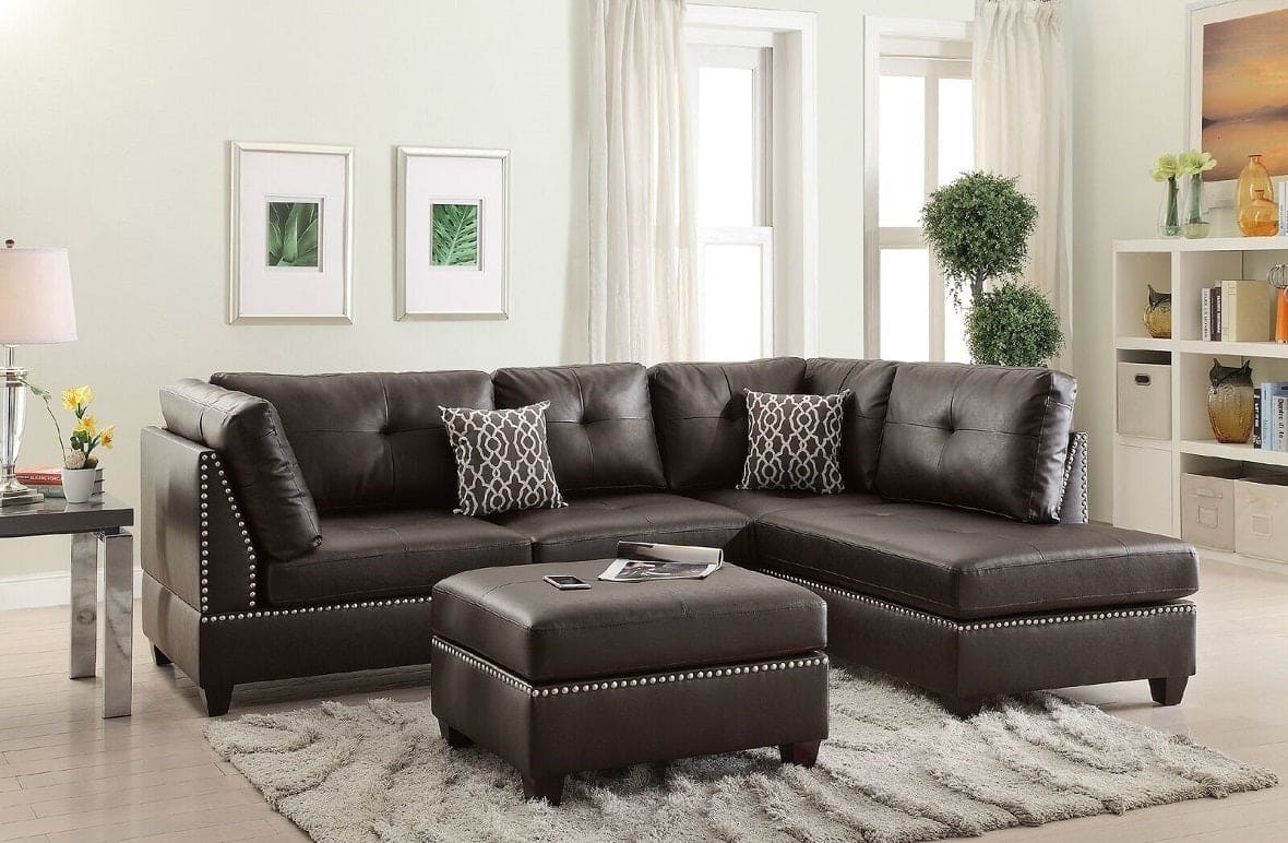 3-pcs Sectional Sofa Espresso Bonded Leather Cushion Sofa Chaise Ottoman Reversible Couch Pillows