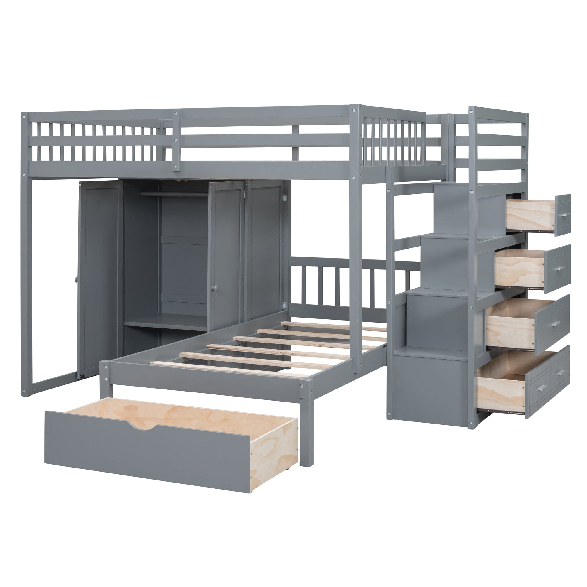 Full Over Twin Bunk Bed with Wardrobe, Drawers, Gray