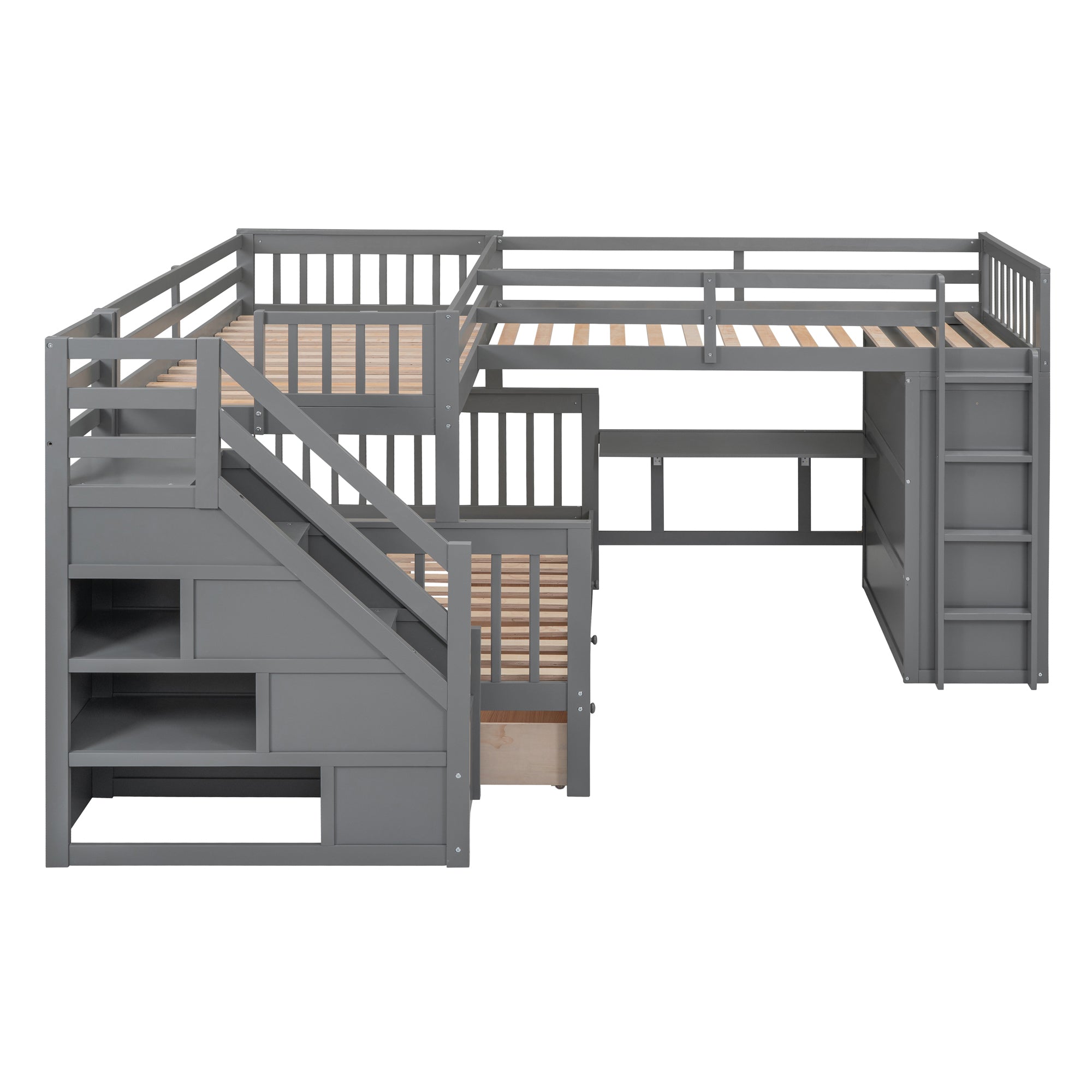 Twin-Twin over Full L-Shaped Bunk Bed With 3 Drawers, Portable Desk and Wardrobe, Gray