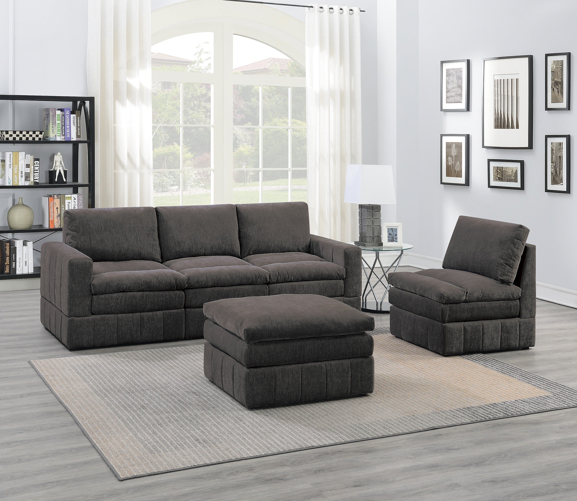 Contemporary 5pc Set Modular Sofa Set 2x One Arm Chair / Wedge 2x Armless Chairs 1x Ottoman Mink Morgan Fabric Plush Living Room Furniture