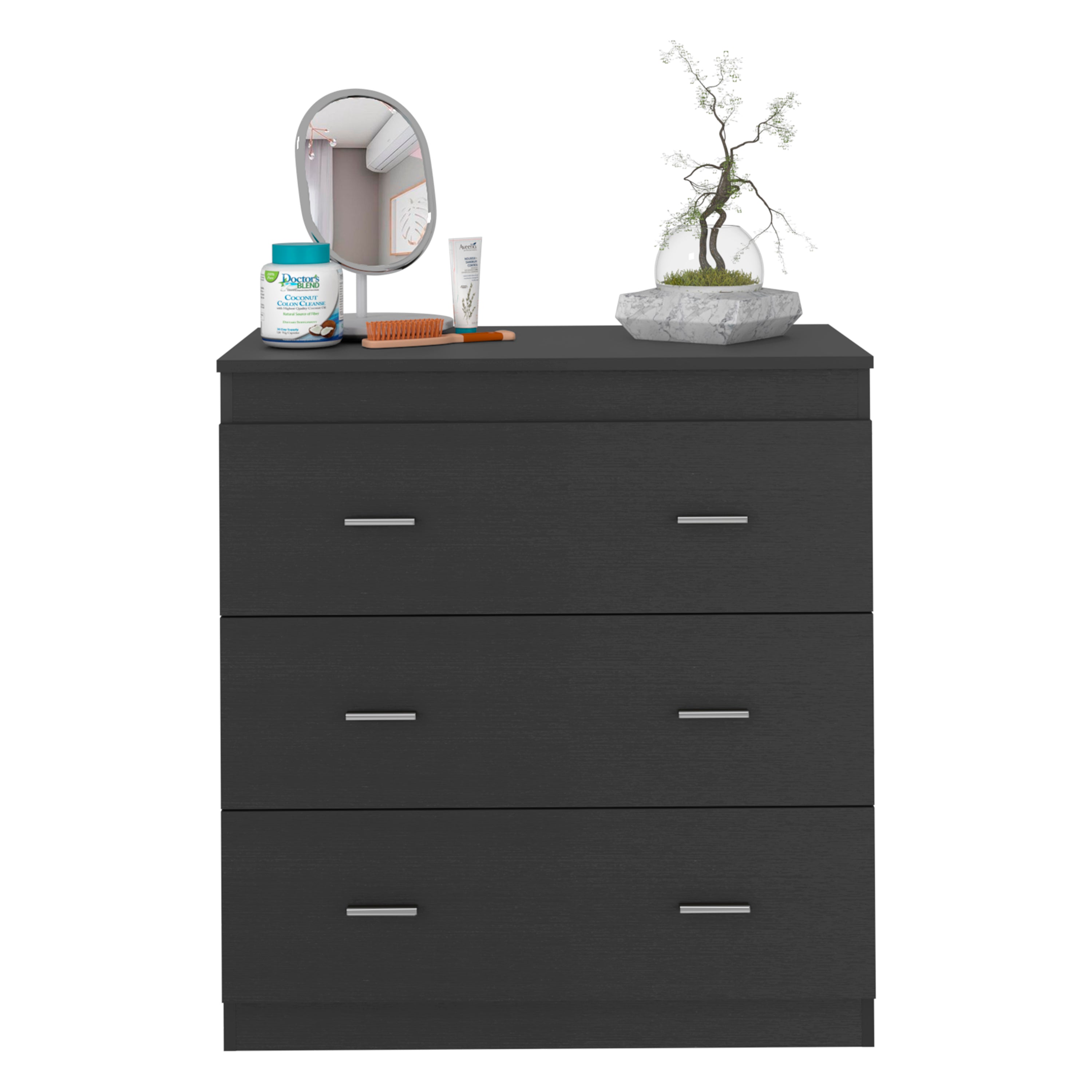 Three Drawer Dresser Litress, Metal Handles, Black Wengue Finish