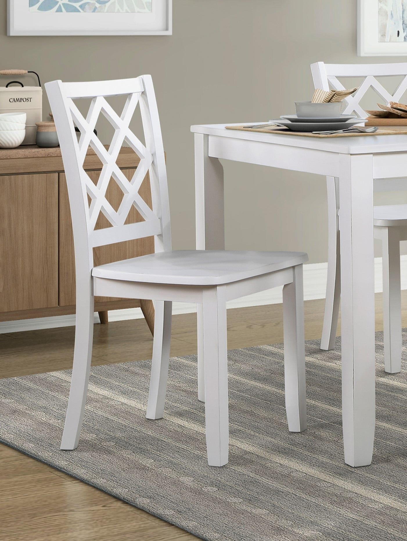 Classic Transitional 5pc Dining Set White Finish Dining Table and Four Side Chairs Set Lattice-Back Wooden Dining Furniture Set