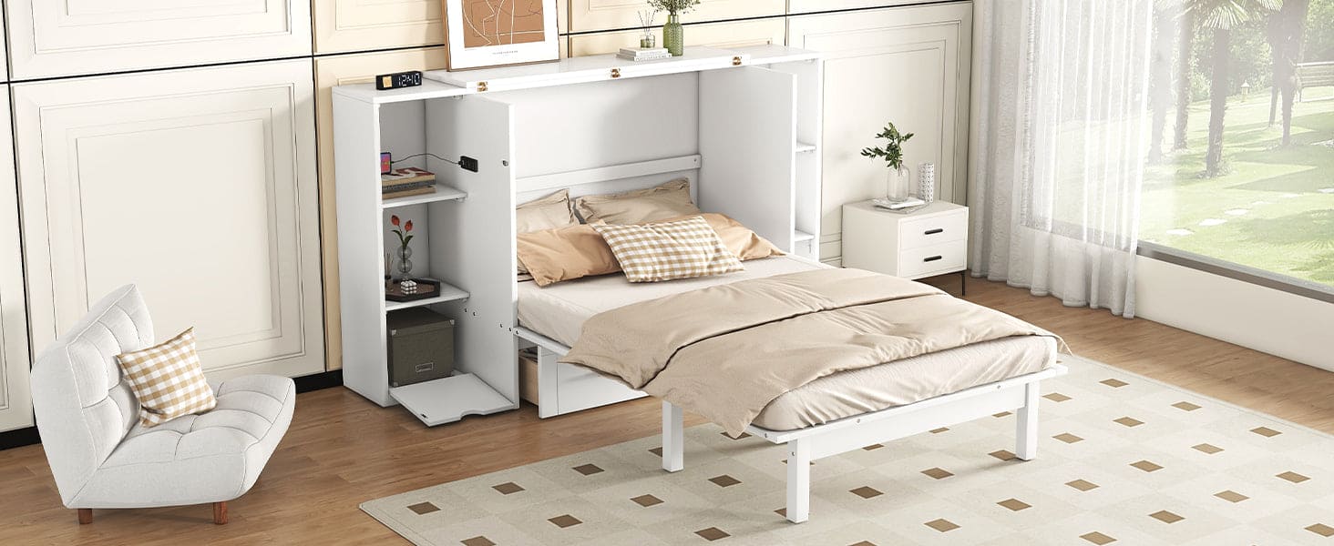 Queen Size Murphy Bed with Shelves, Drawers and USB Ports,White