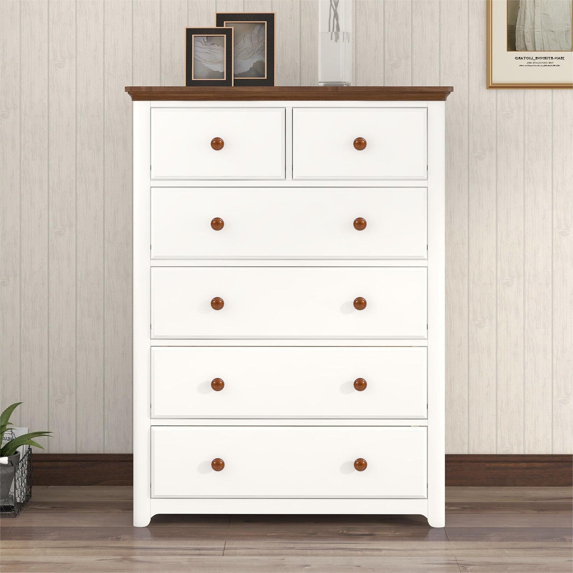 Rustic Wooden Chest with 6 Drawers,Storage Cabinet for Bedroom,White+Walnut