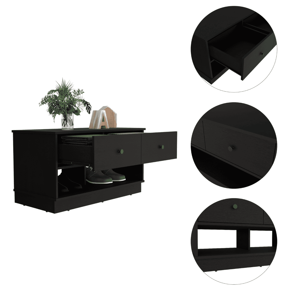 Hamilton Storage Bench, Two Open Shelves, Two Drawers -Black