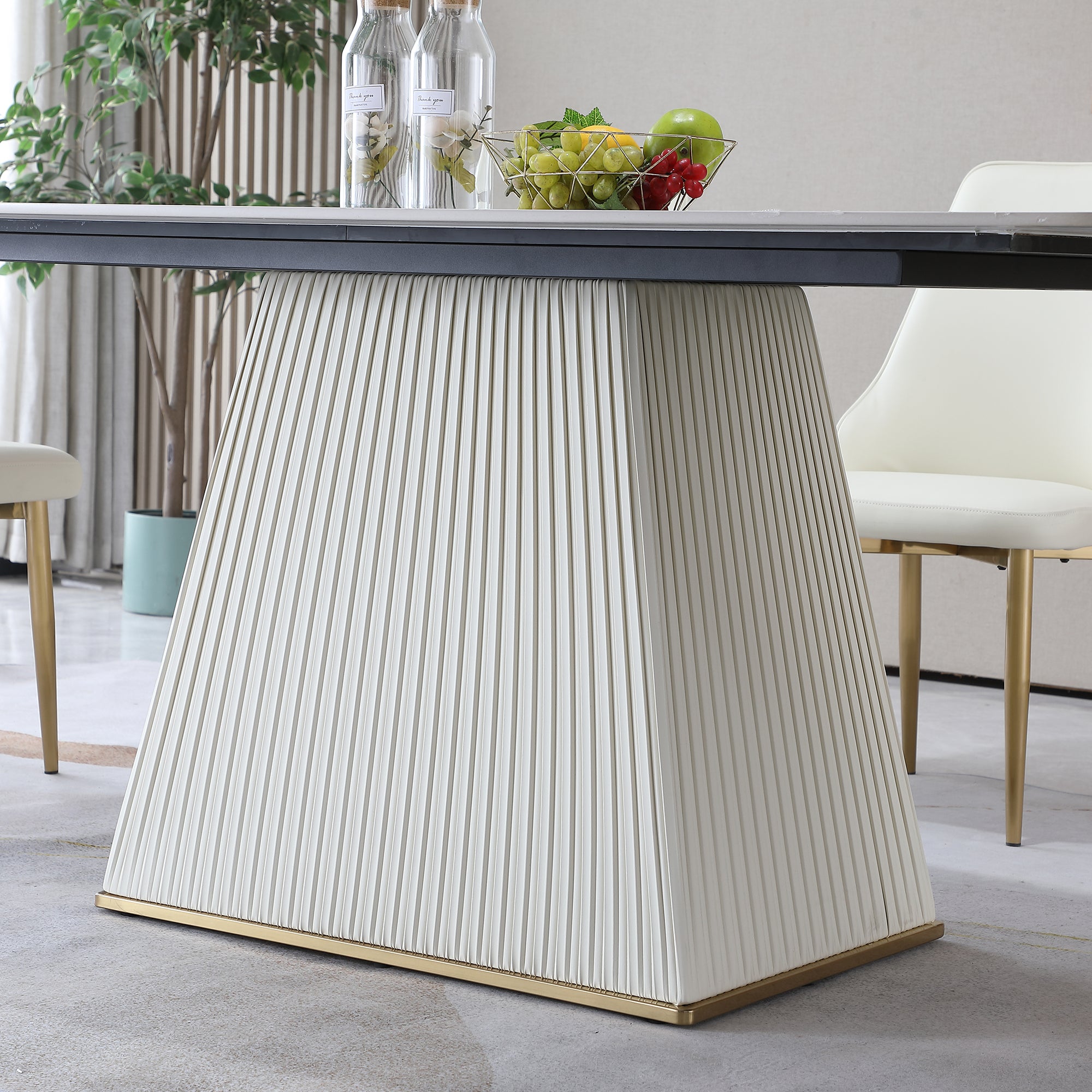 71-Inch Stone DiningTable with Carrara White color and Striped Pedestal Base