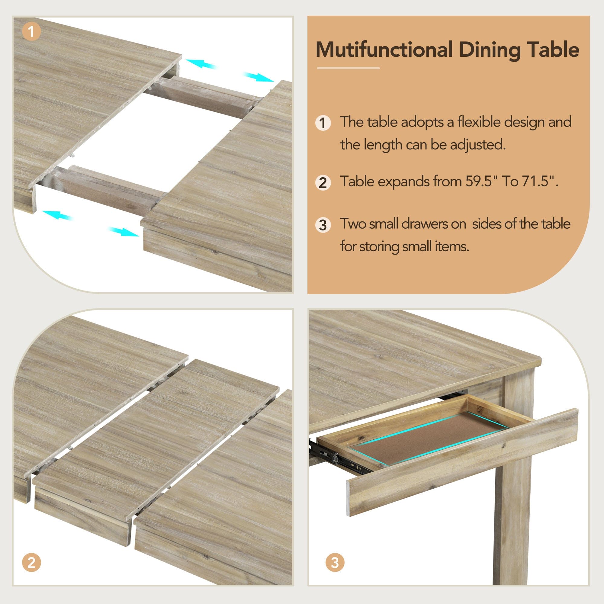 TREXM 7-Piece Wooden Dining Table Set Mutifunctional Extendable Table with 12" Leaf and 2 Drawers, 6 Dining Chairs with Soft Cushion (Natural Wood Wash)