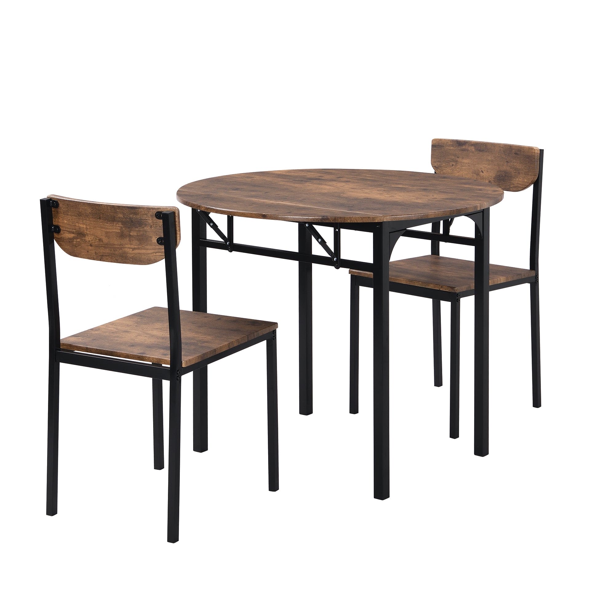 TOPMAX Modern 3-Piece Round Dining Table Set with Drop Leaf and 2 Chairs for Small Places,Black Frame+Rustic Brown Finish