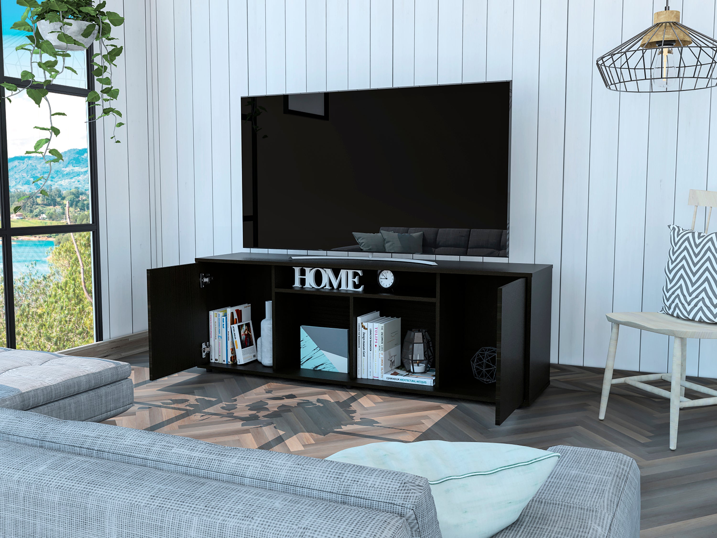 Prana Tv Stand fot TV´s up 60" Four Shelves, Two Cabinets With Single Door -Black