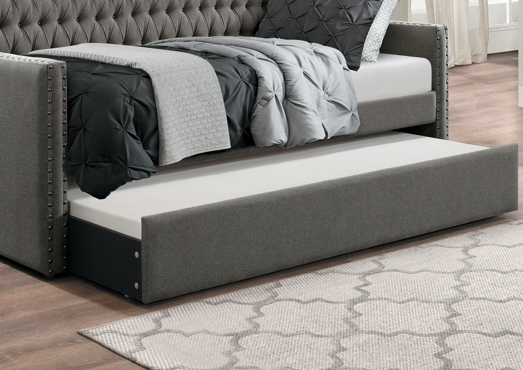 Modern Design Dark Gray Fabric Upholstered 1pc Sofa Bed w Trundle Button-Tufted Detail Nailhead Trim Day Bed