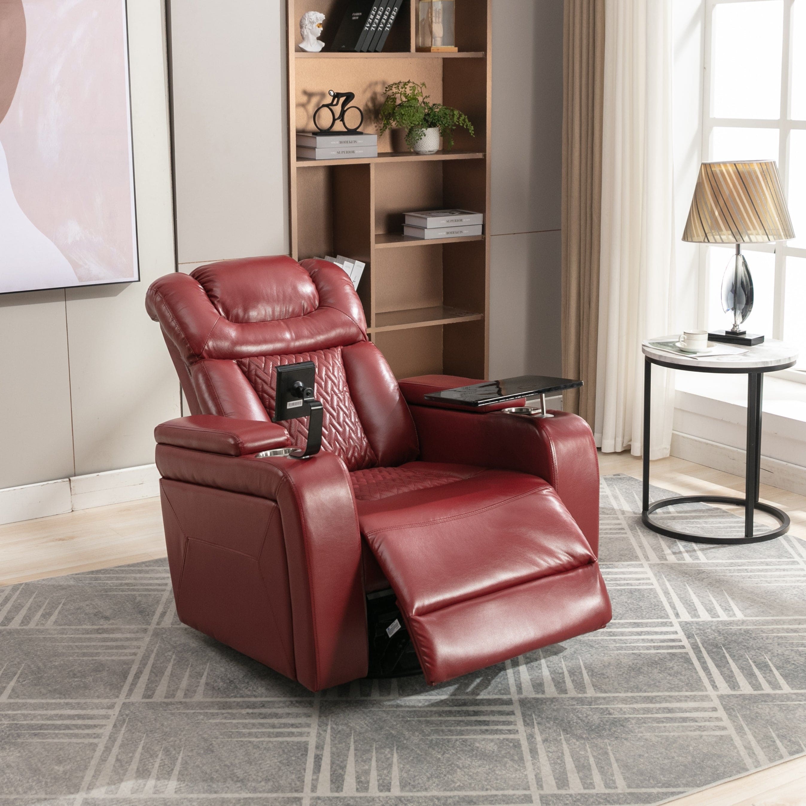 270 Degree Swivel PU Leather Power Recliner Individual Seat Home Theater Recliner with  Comforable Backrest, Tray Table,  Phone Holder, Cup Holder,  USB Port, Hidden Arm Storage for Living Room, Red