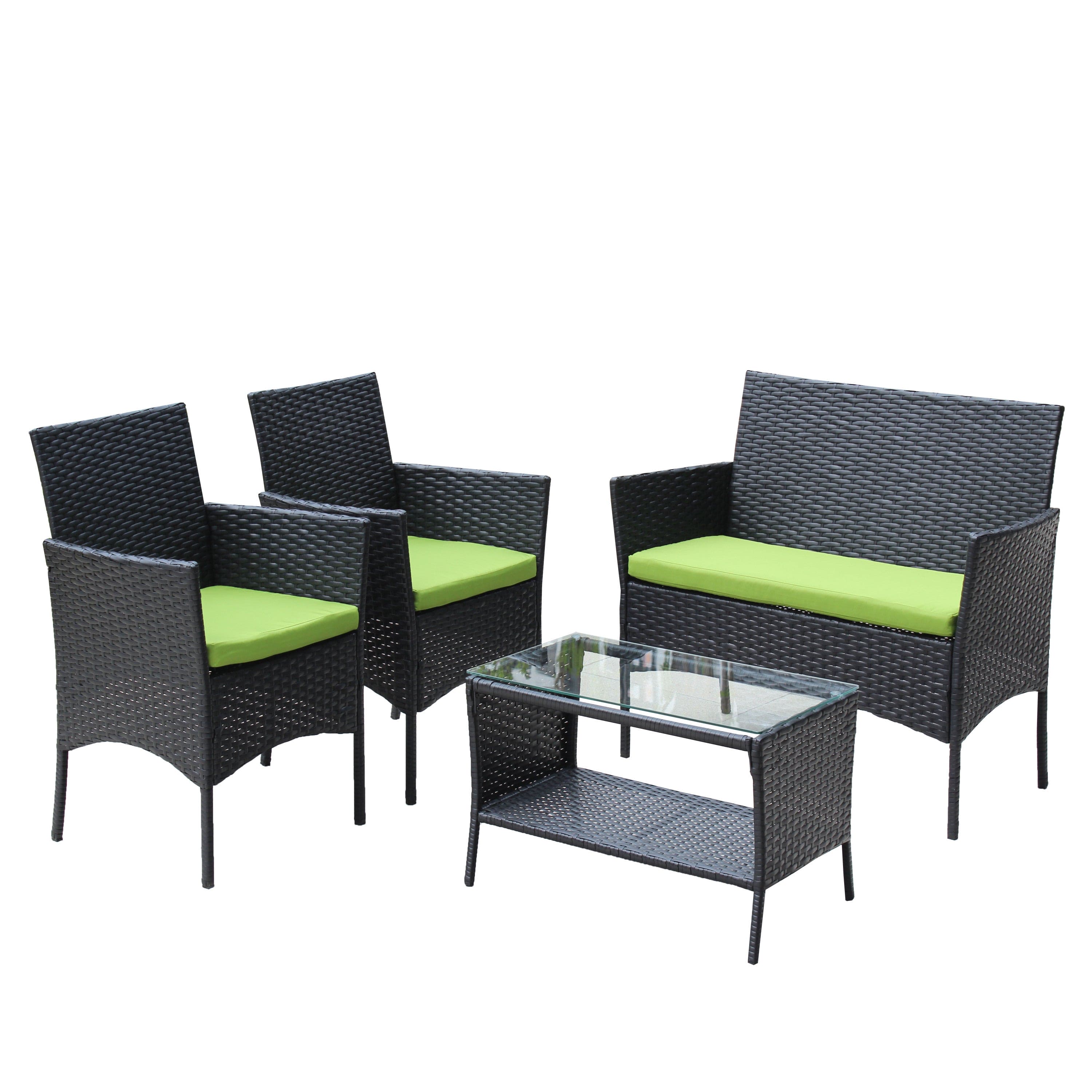 4 PC Rattan Patio Furniture Set Outdoor Patio Cushioned Seat Wicker Sofa (green Cushion)