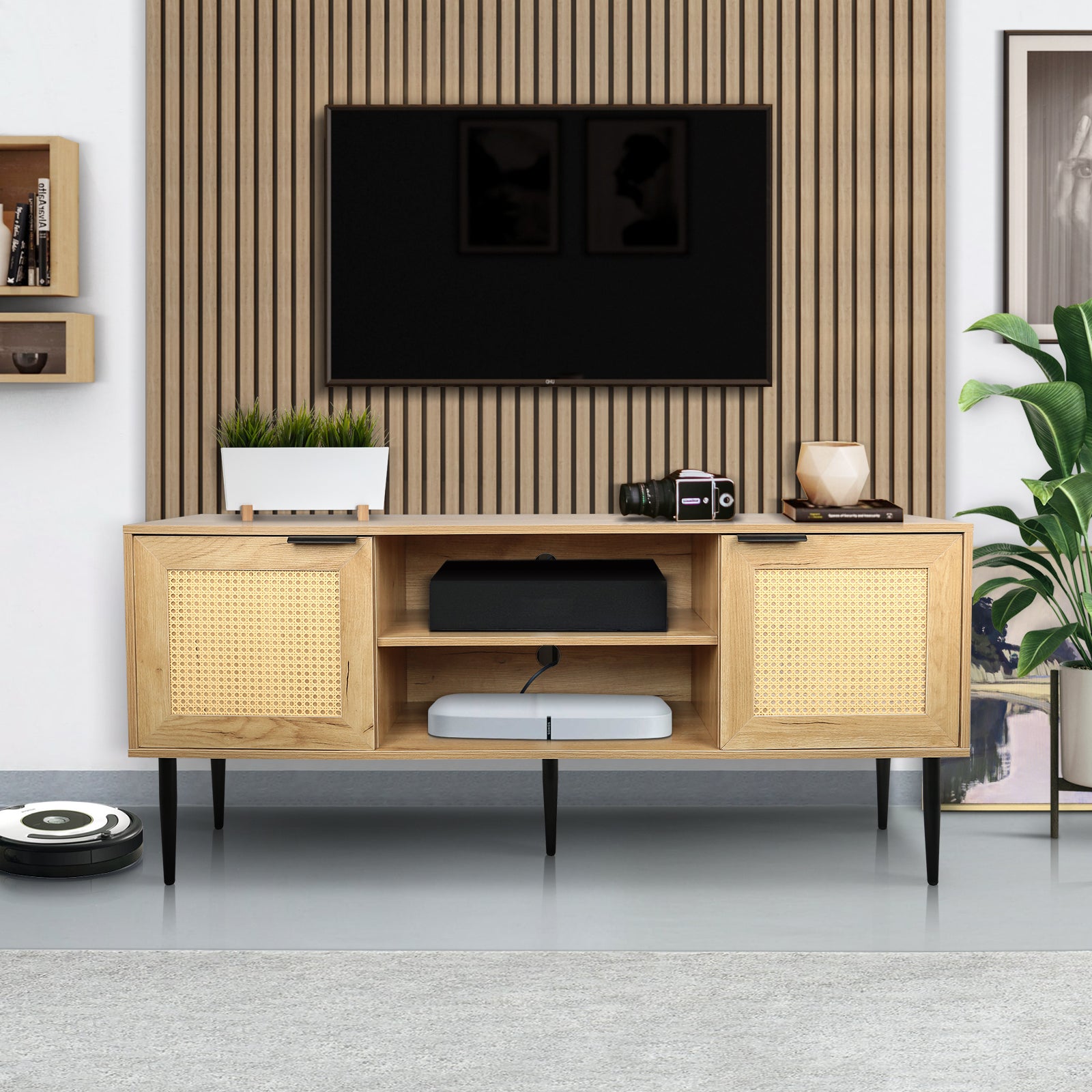 Wooden TV Stand for TVs up to 65 Inches,with 2  Rattan Decorated Doors  and 2 Open Shelves,Living Room TV Console Table Wooden Entertainment Unit, Natural Color