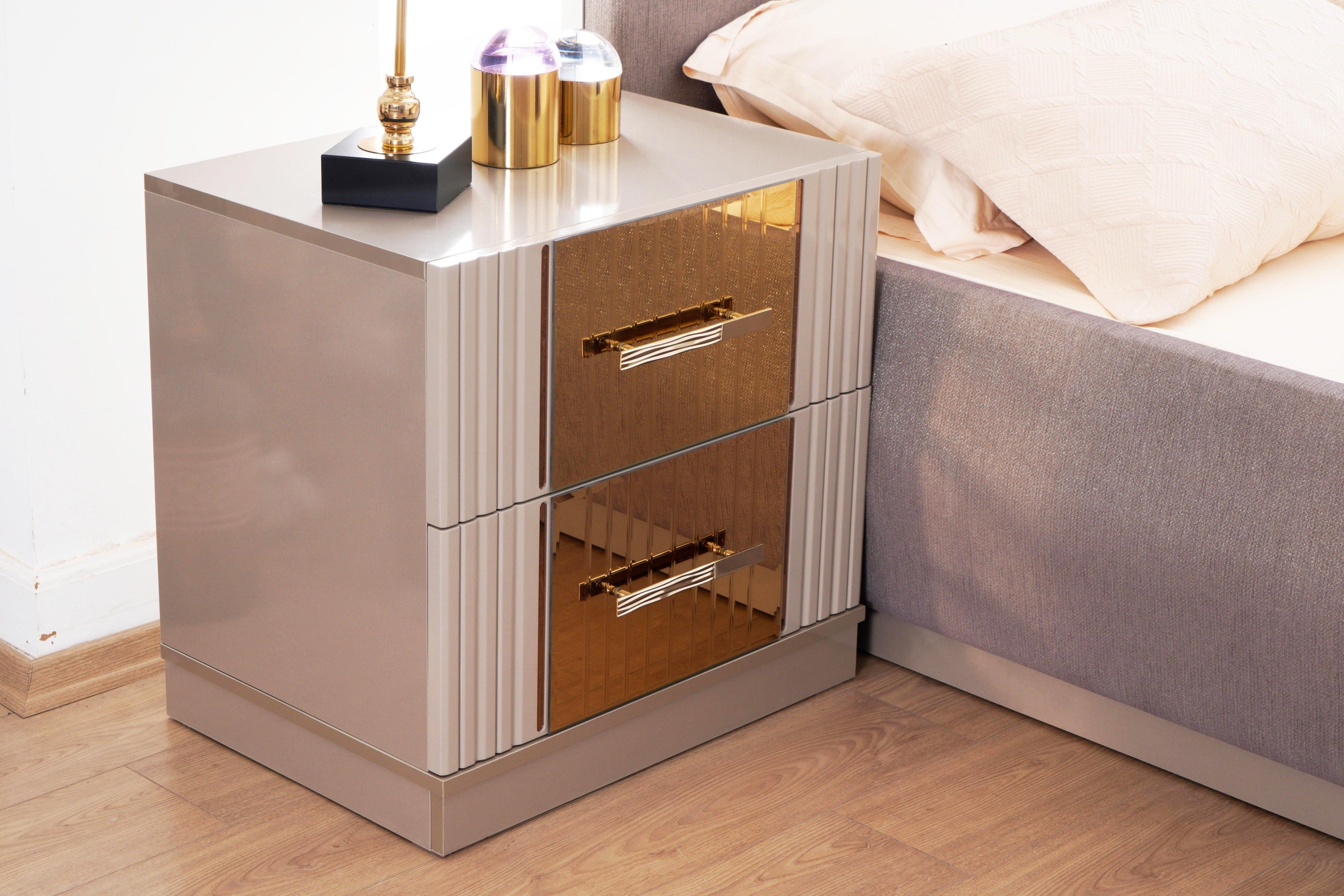 Lorenzo Gold Detailed Nightstand made with Wood in Gray