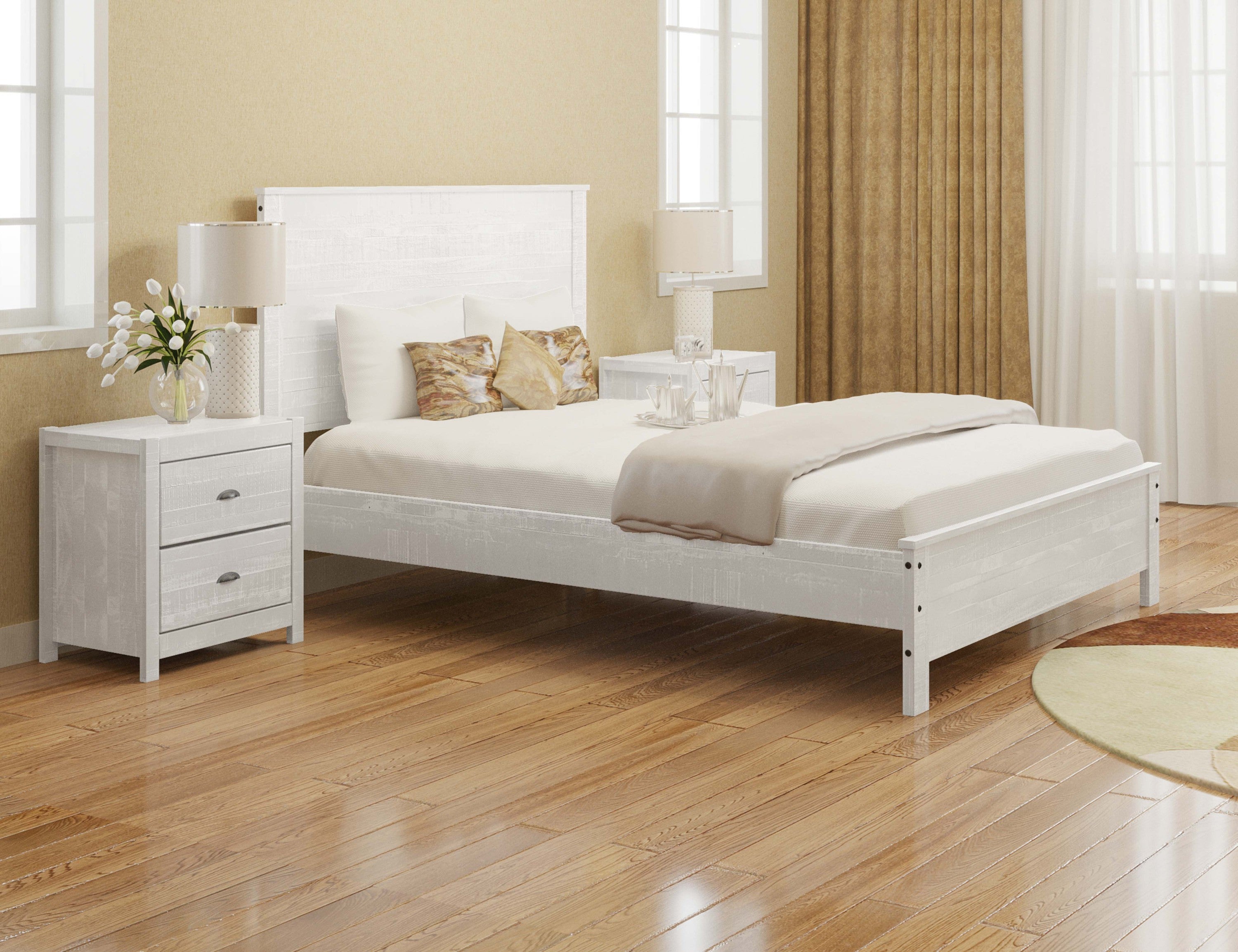 Yes4wood 3-Piece Bedroom Furniture Set, Solid Wood Albany Queen Size Bed Frame with Two 2-Drawer Nightstands, White