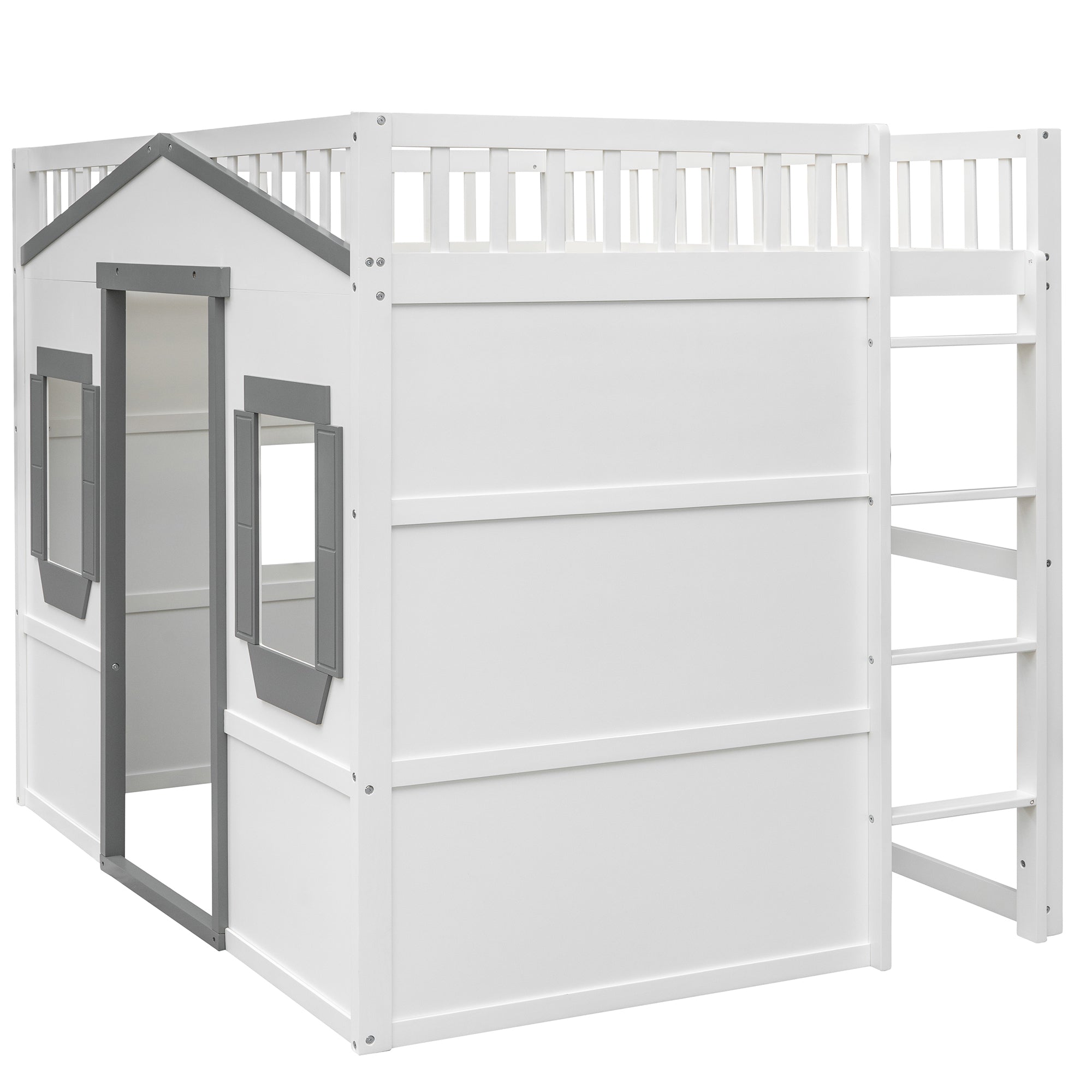 Full Size House Loft Bed With Ladder-White+Gray Frame