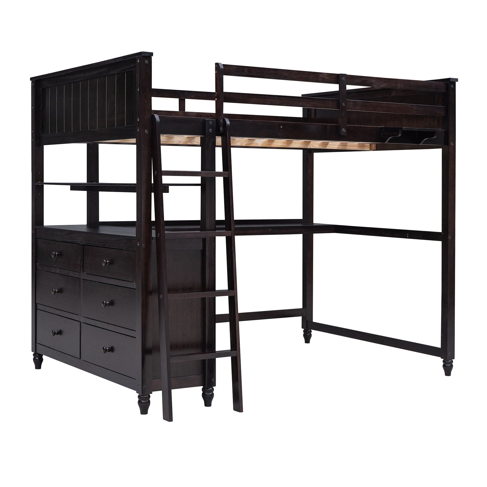 Full size Loft Bed with Drawers and Desk, Wooden Loft Bed with Shelves - Espresso(OLD SKU:LT001529AAP)