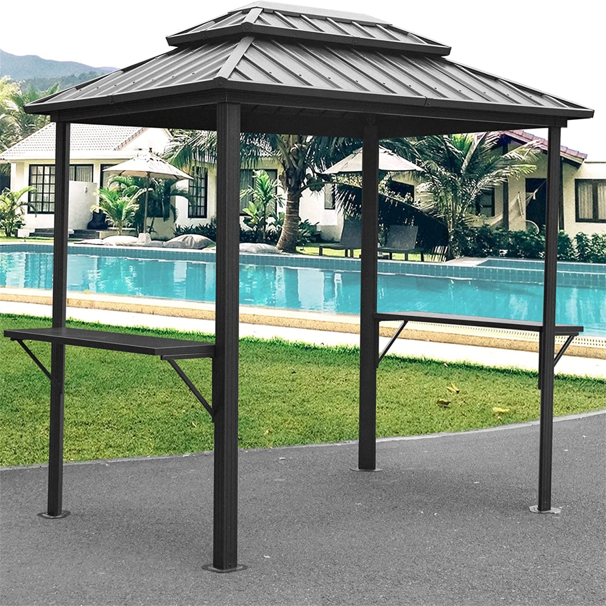 Grill Gazebo 8' × 6', Aluminum BBQ Gazebo Outdoor Metal Frame with Shelves Serving Tables, Permanent Double Roof Hard top Gazebos for Patio Lawn Deck Backyard and Garden (Grey)