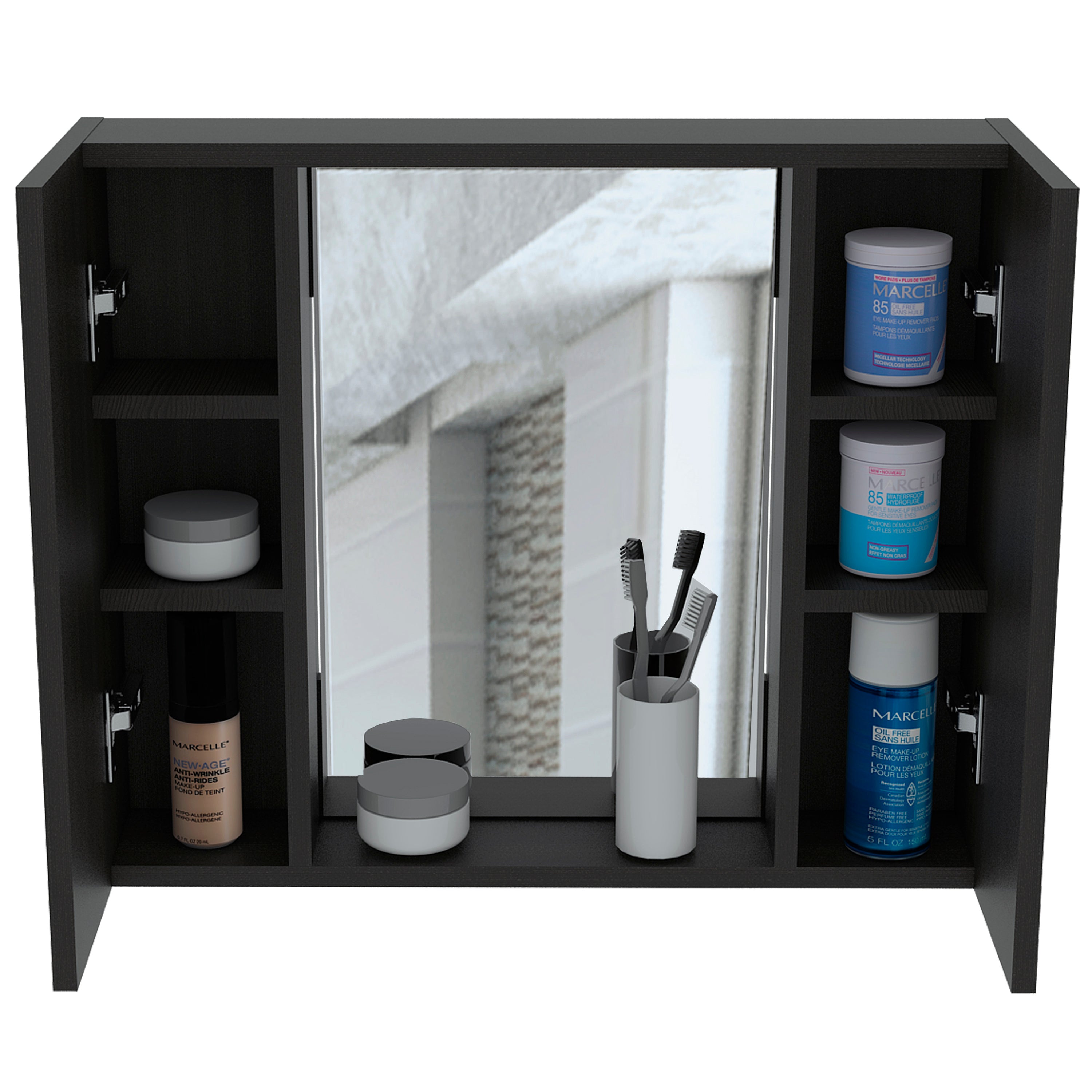 Medicine Cabinet Hops, Double Door, Mirror, One External Shelf, Black Wengue Finish