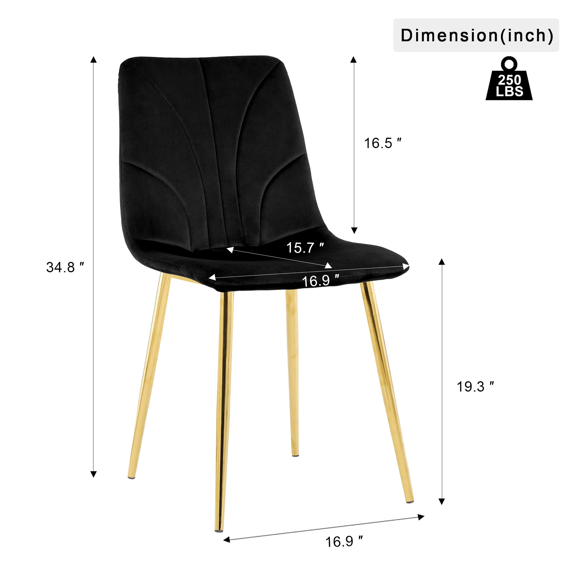 Modern simple light luxury dining black chair home bedroom stool back dressing chair student desk chair gold metal legs(set of 4)