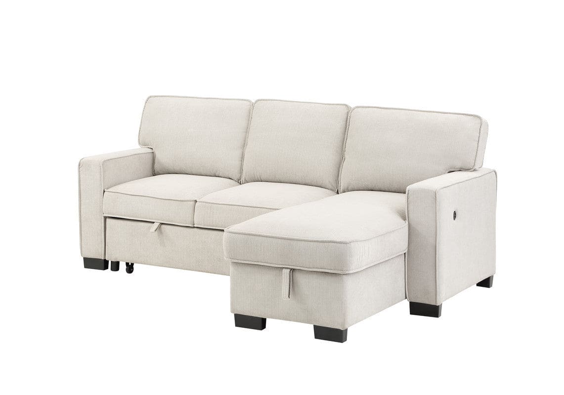 Estelle Beige Fabric Reversible Sleeper Sectional with Storage Chaise Drop-Down Table 2 Cup Holders and 2 USB Ports