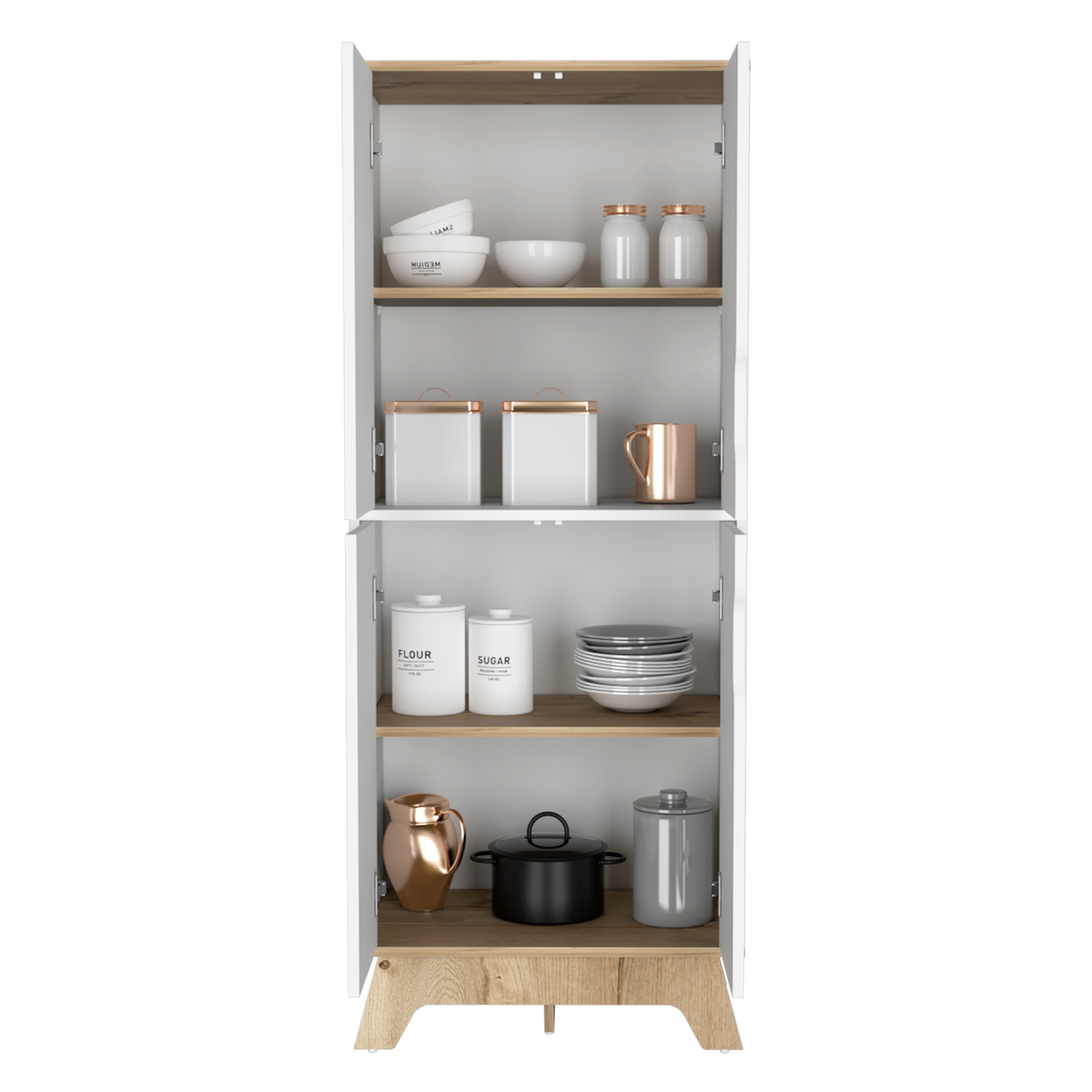 Double Kitchen Pantry Wallas, Double Door, Four Legs, Four Shelves, Light Oak / White Finish