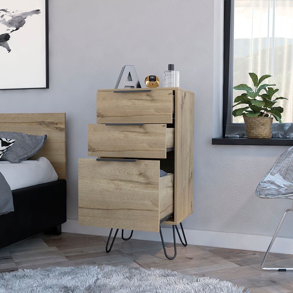 Light Dresser Skyoner, Hairpin Legs, Superior Top,Three Drawers, Light Oak Finish