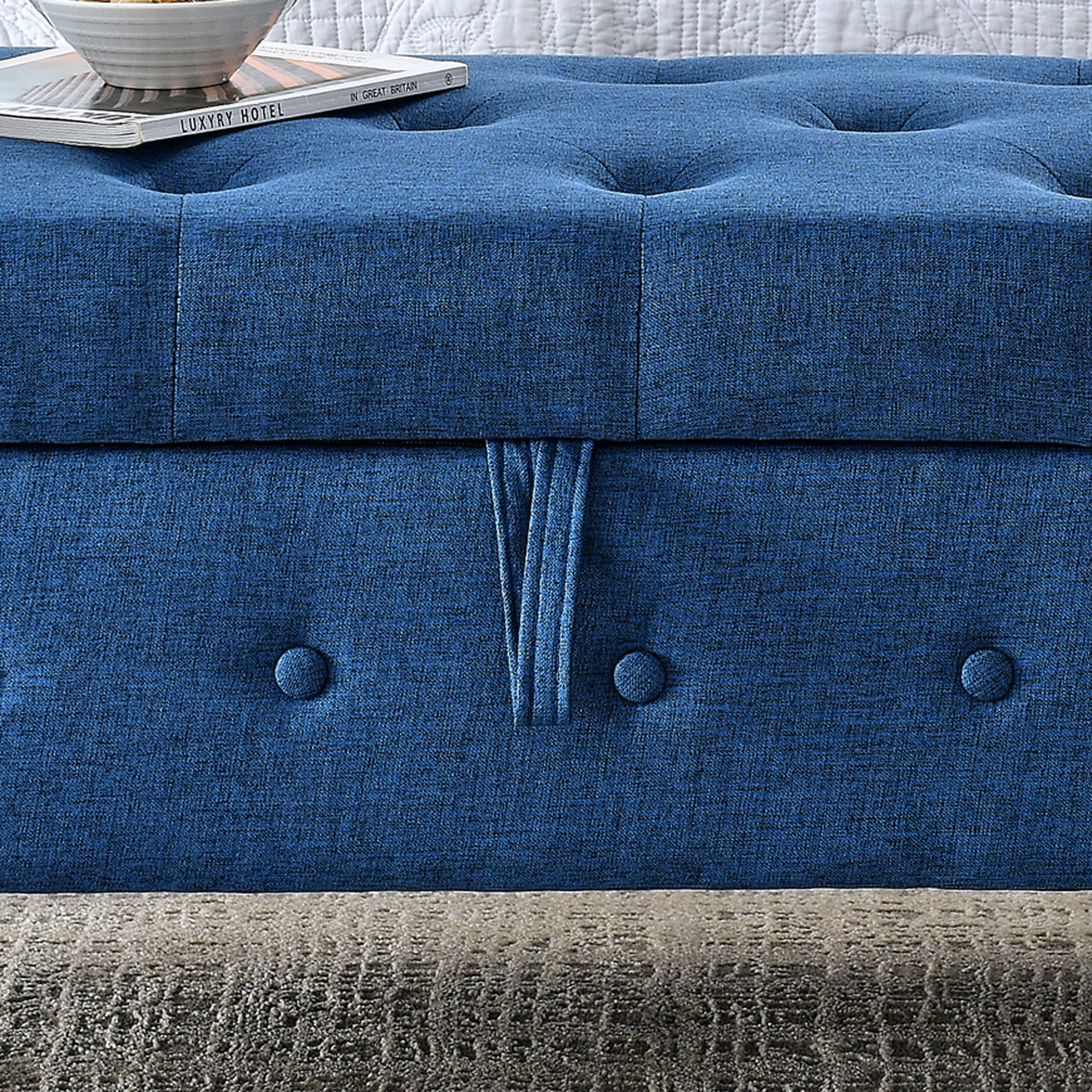 62" Bedroom Tufted Button Storage Bench, Linen Upholstered Ottoman, Window Bench, Rolled Arm Design for Bedroom, Living Room, Foyer (Blue)