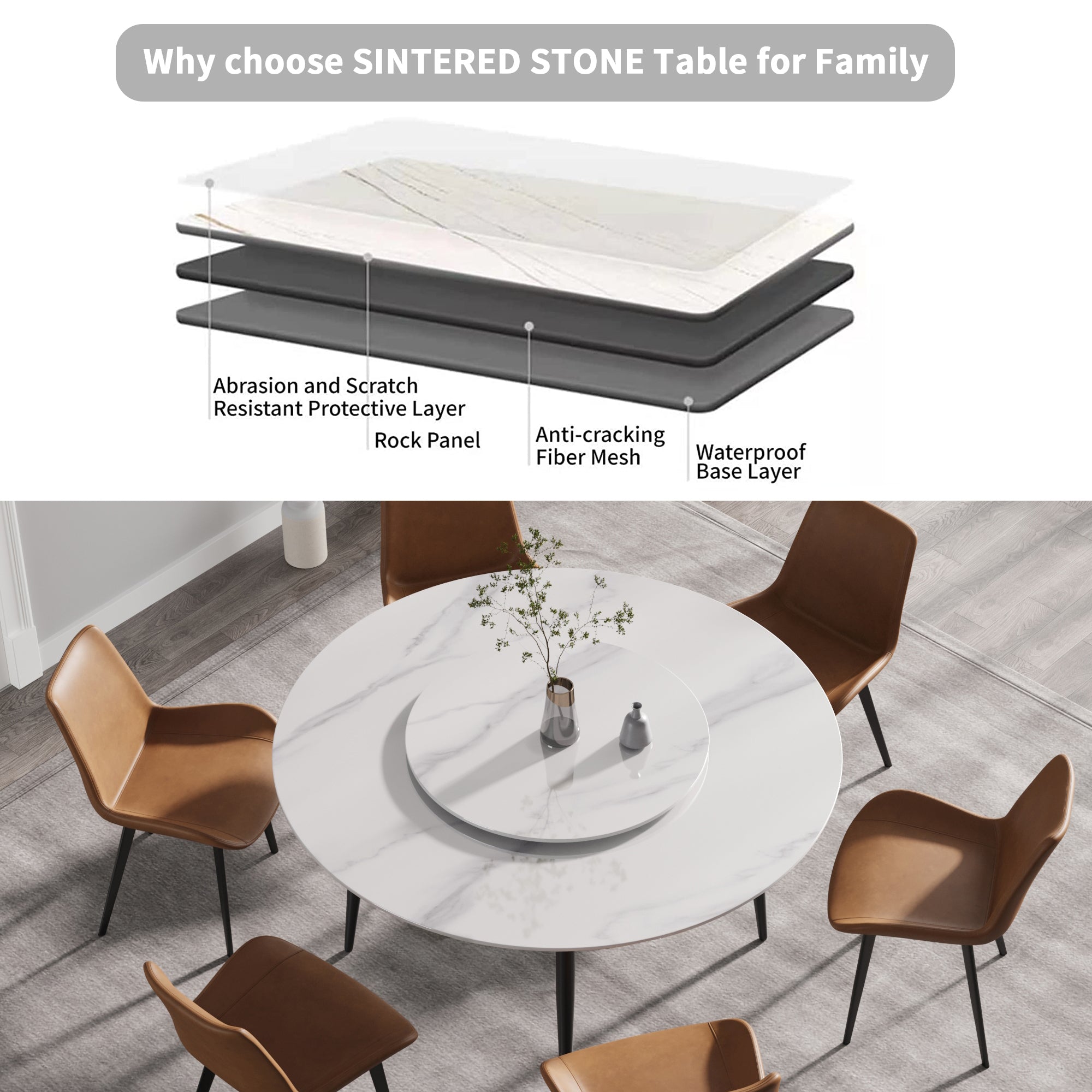 59.05"Modern artificial stone round black metal dining table-can accommodate 6 people-31.5"white artificial stone turntable