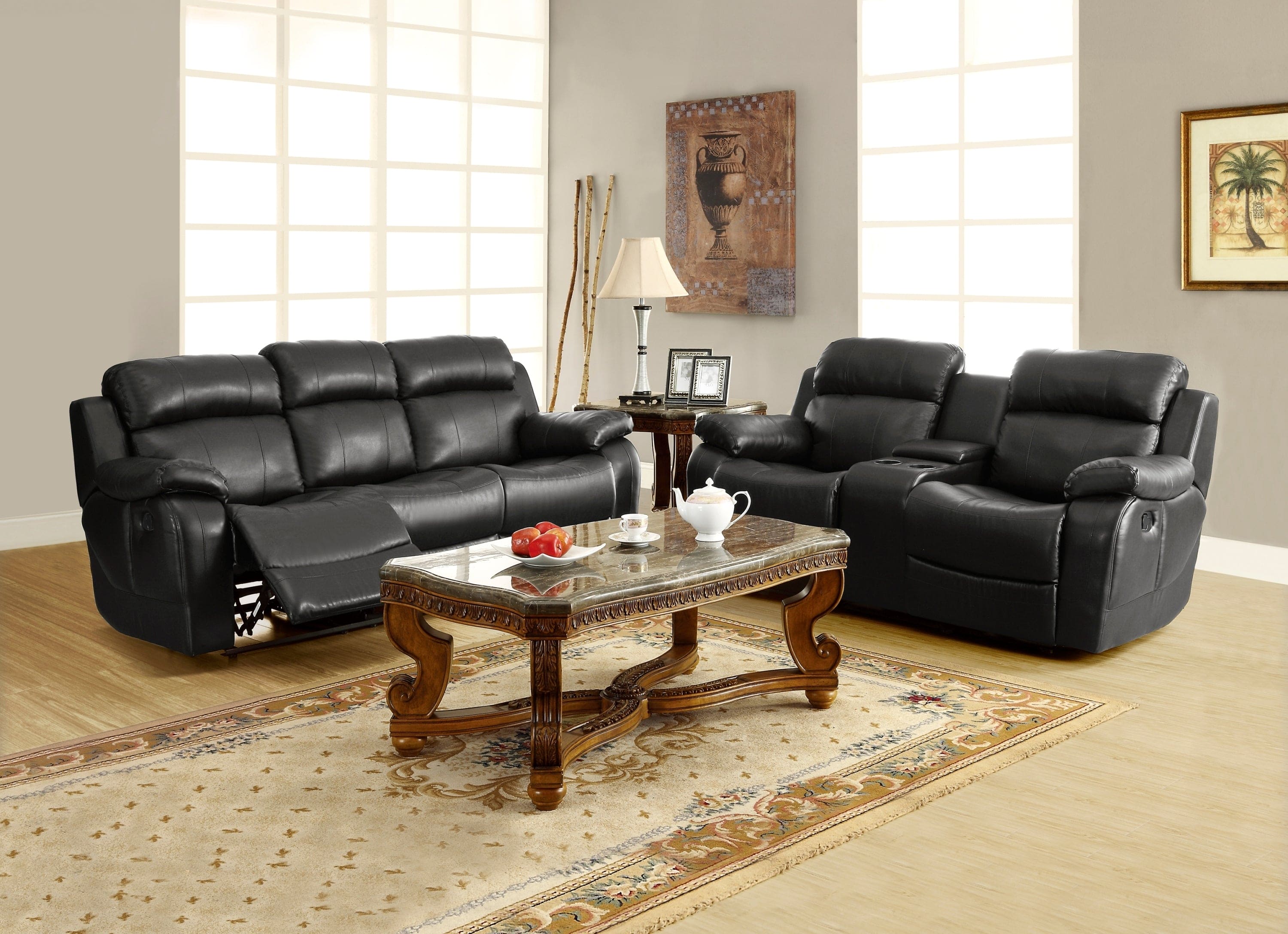 Contemporary Black Faux Leather Upholstered 1pc Double Reclining Sofa w/ Center Drop-Down Cup Holder Living Room Furniture