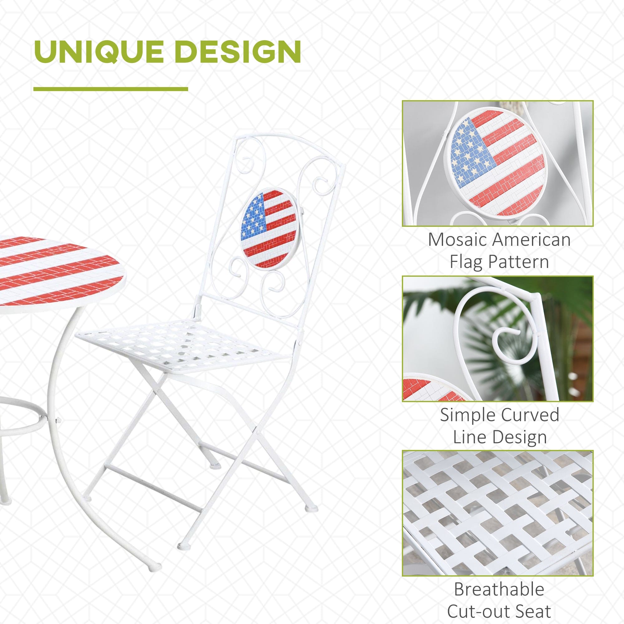 Outsunny 3 Piece Patio Bistro Set, Folding Outdoor Furniture with USA Mosaic Table and Chairs, 
Portable Metal Frames for 4th of July, Balcony, Backyard, Poolside, Porch, American Flag