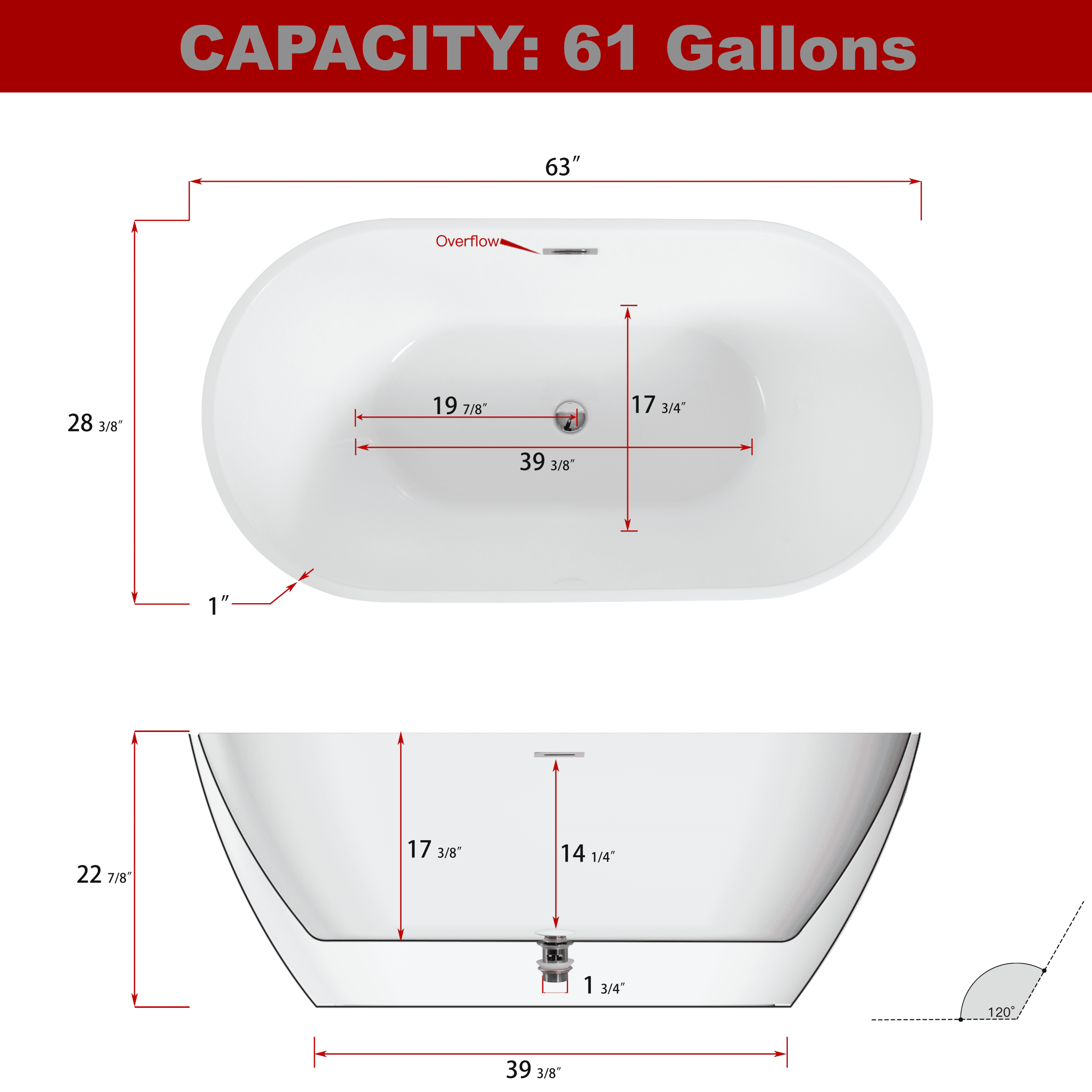 Shiny White Acrylic Freestanding Soaking Bathtub with Chrome Overflow and Drain, cUPC Certified - 63*28.8 22A09-63